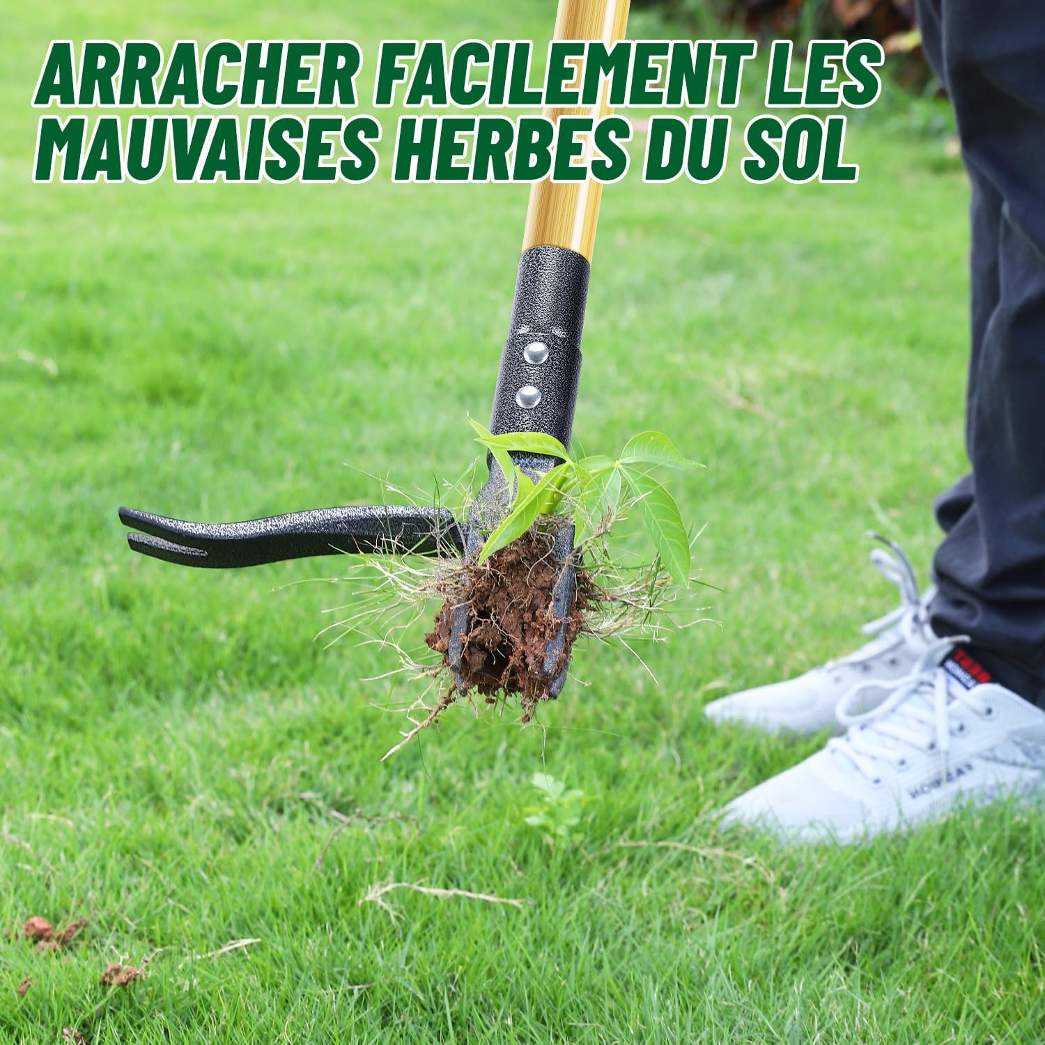 Thumbnail 4 de Ormalla désherbeur manuel sur pied 1,1 m avec arrache pissenlit et 4 griffes métal, manche en bambou et gants