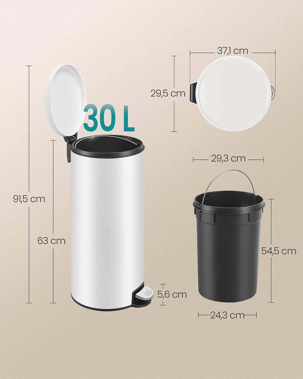 Thumbnail 6 de SONGMICS LTB031WZ02 30L Steel Pedal Bin with Soft-Close Lid, Cloud White