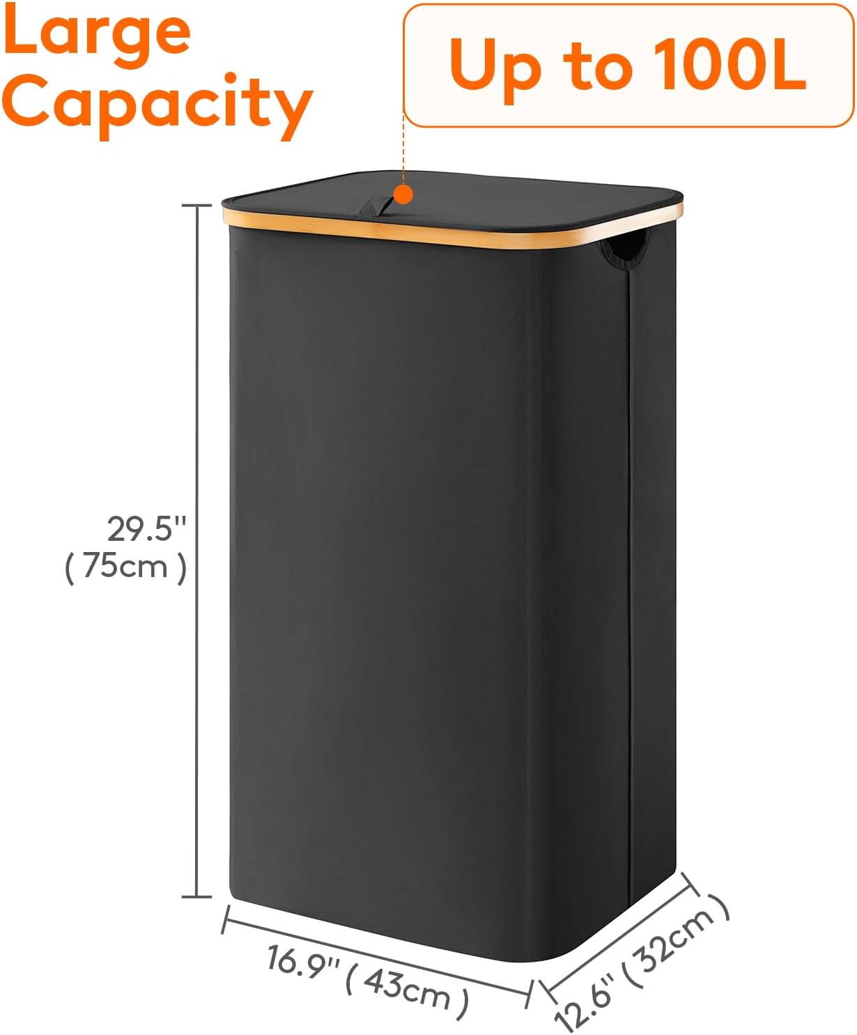 Thumbnail 3 de Lifewit 100L Laundry Basket with Lid, Foldable Hamper with Removable Bag and Bamboo Handles (Black)