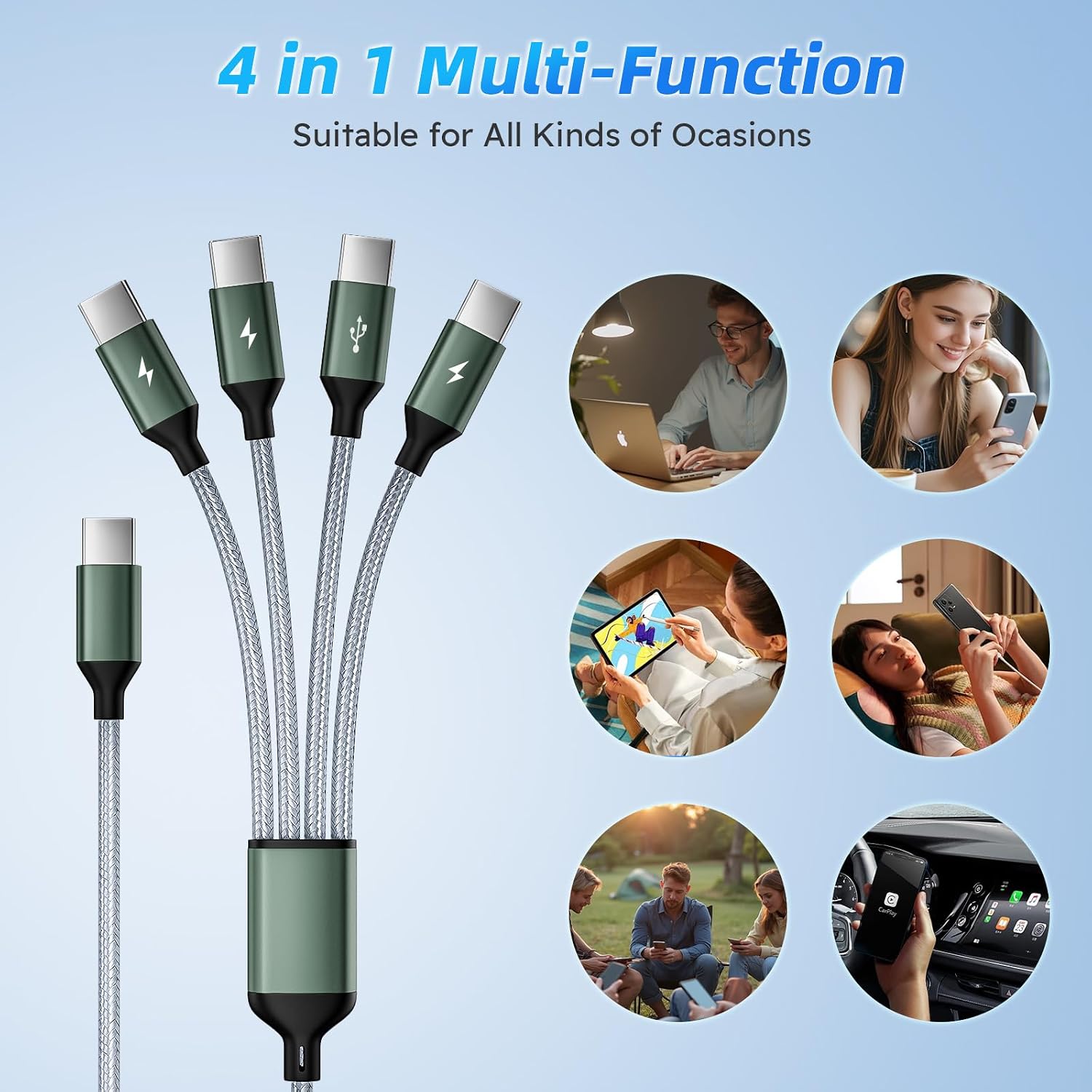 Detalle de USBC to USBC Cable, 4 in 1 USB C Multi Charging Cable for Multiple Devices