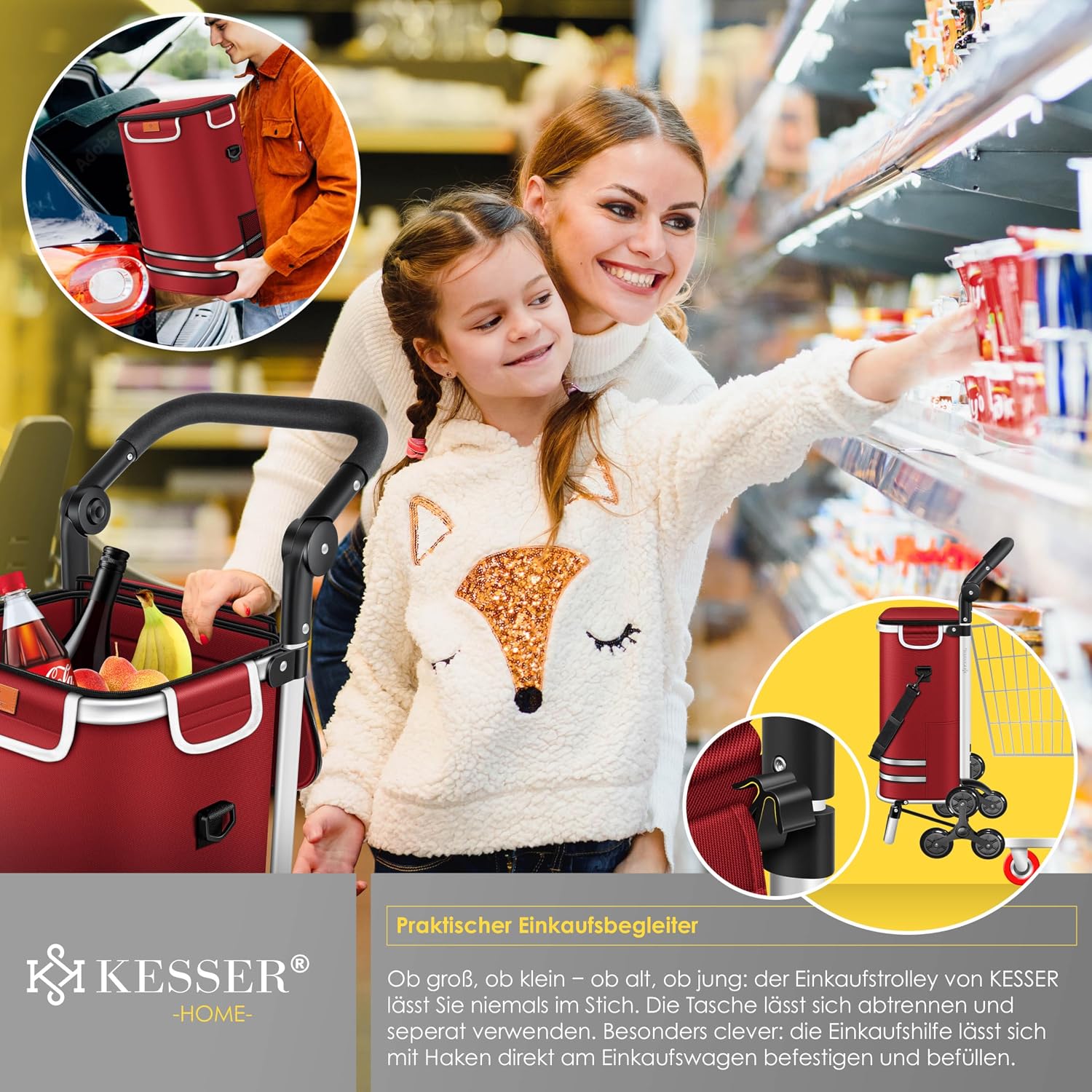 Thumbnail 3 de KESSER® Einkaufstrolley Treppensteiger mit Kühlfach, klappbar (56 l, bis 50 kg) – 3in1 Trolley & Umhängetasche, Bordeaux