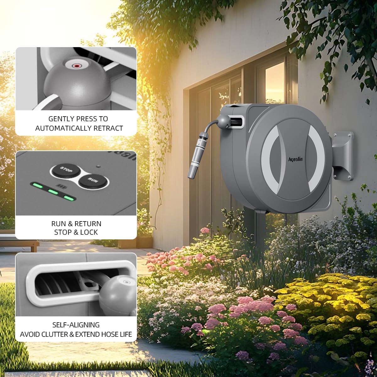 Thumbnail 1 de Aqualin Avvolgitubo Retrattile Elettrico a Batteria 30m+2m: Rotazione 180° e Auto-Lock per Giardino