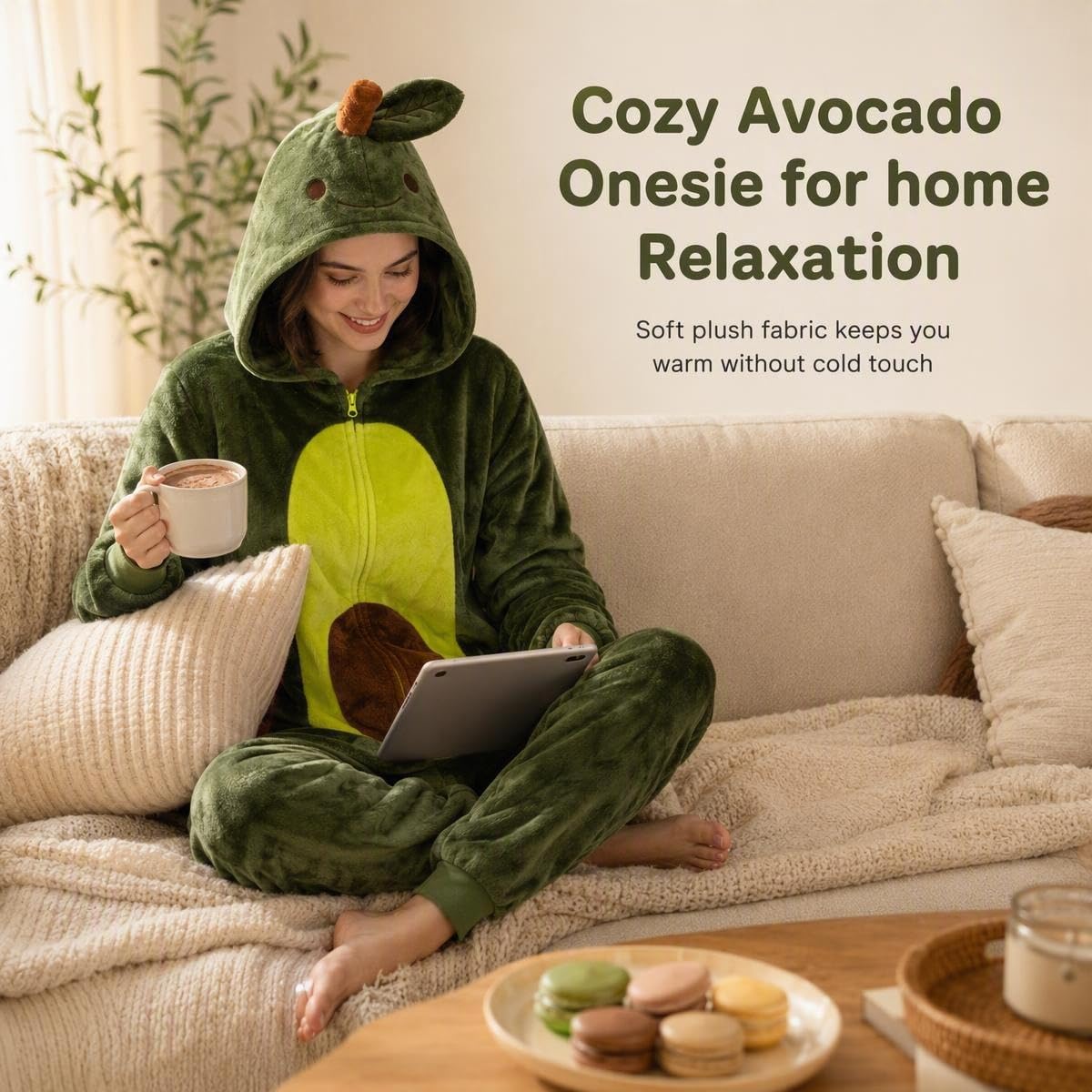 Detalle 2 de COSUSKET Avocado Adult Onesie Pajamas, Flannel with Zipper and Side Pockets
