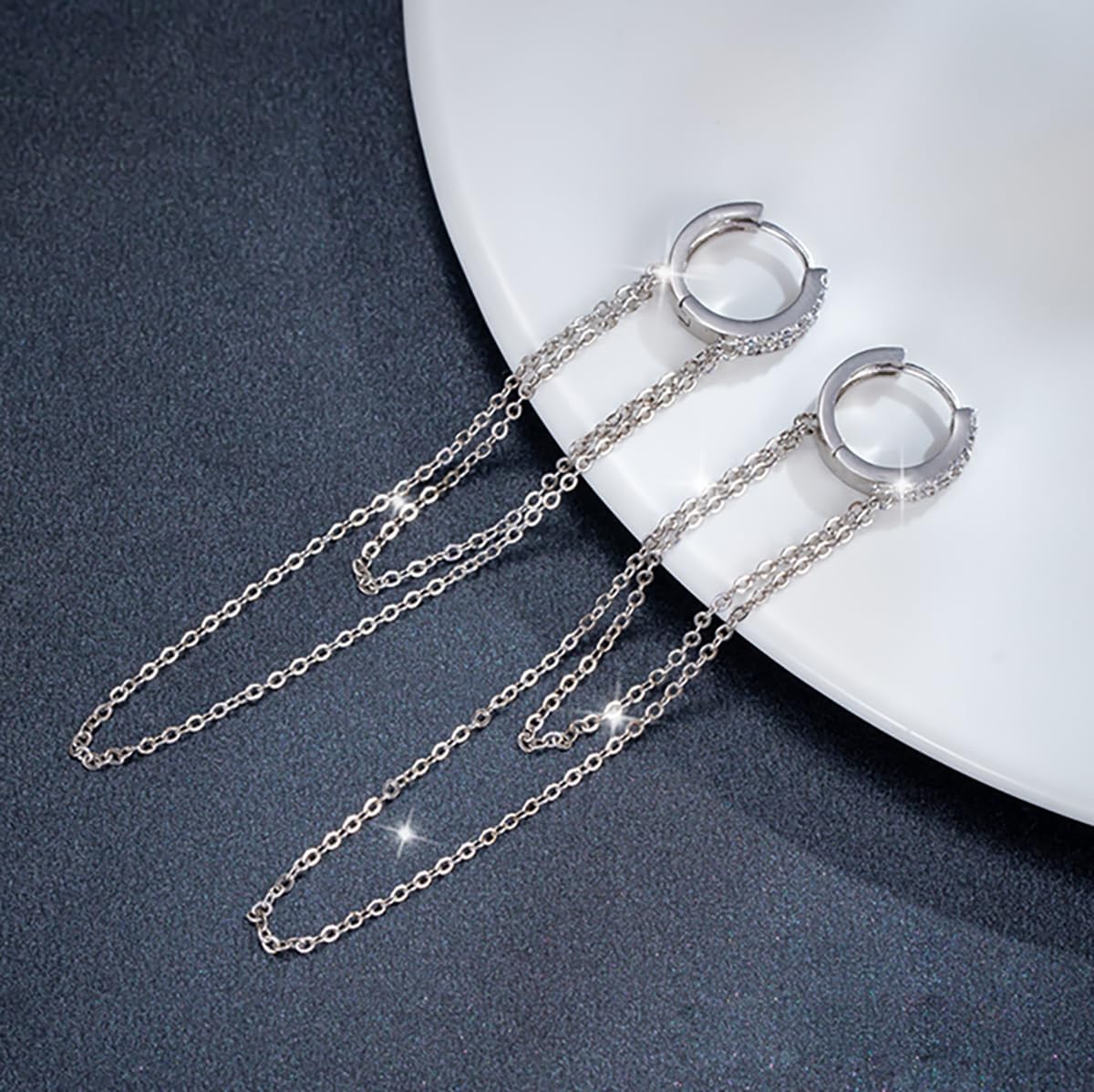Detalle 2 de SLUYNZ 925 Sterling Silber CZ Creolen Ohrringe mit Quaste-Kette – Damen
