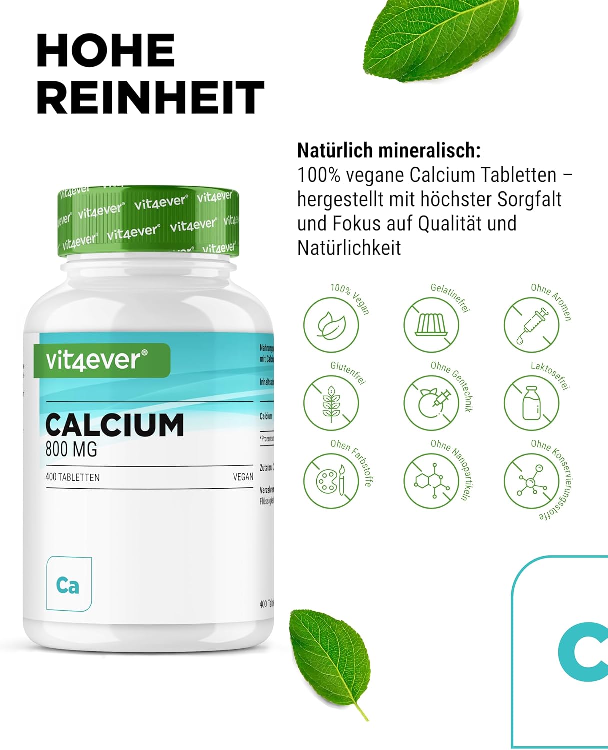 Detalle de vit4ever Calcium 400 Tabletten mit 800 mg elementarem Calcium (Calciumcarbonat) pro Tagesportion – vegan