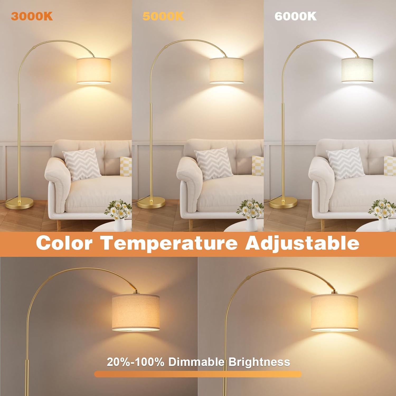 Thumbnail 3 de PreeOtti Arc Floor Lamp, Gold Arc with Remote Control – Dimmable, 3 Colour Temperatures