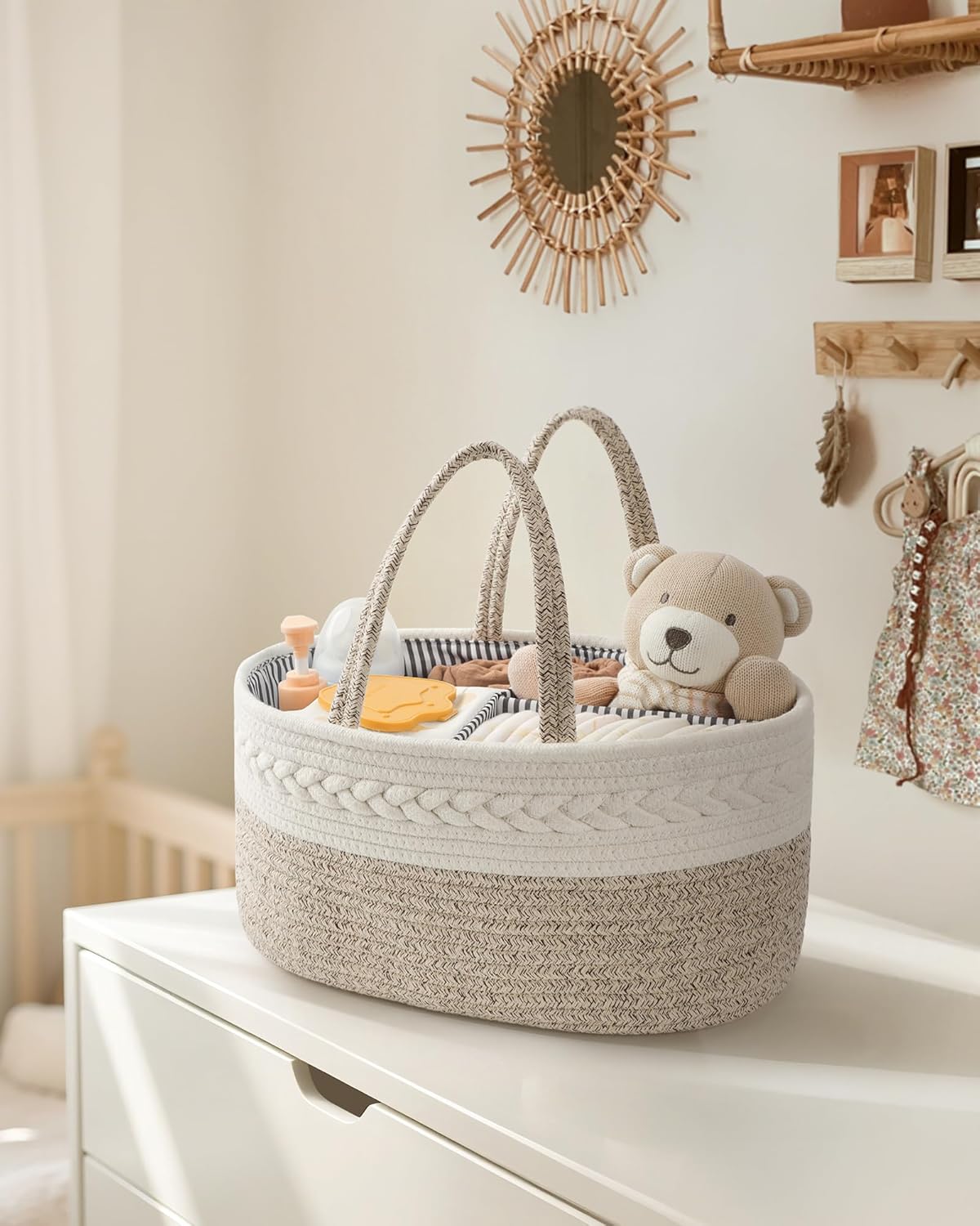 Detalle de Maliton Wickeltisch Organizer – Baby-Aufbewahrungskorb mit Fächern und Griffen (36 x 22 x 18 cm)