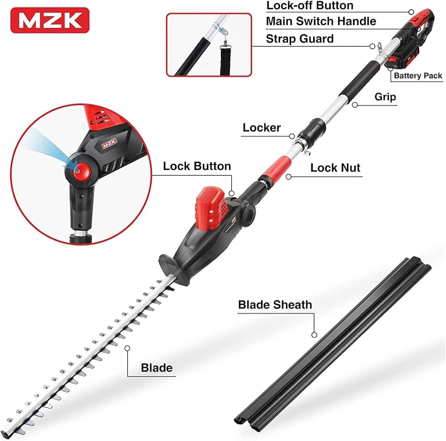 Thumbnail 1 de MZK 20V MAX 57cm Cordless Pole Hedge Trimmer Attachment with 2.4m Reach and Extension Pole