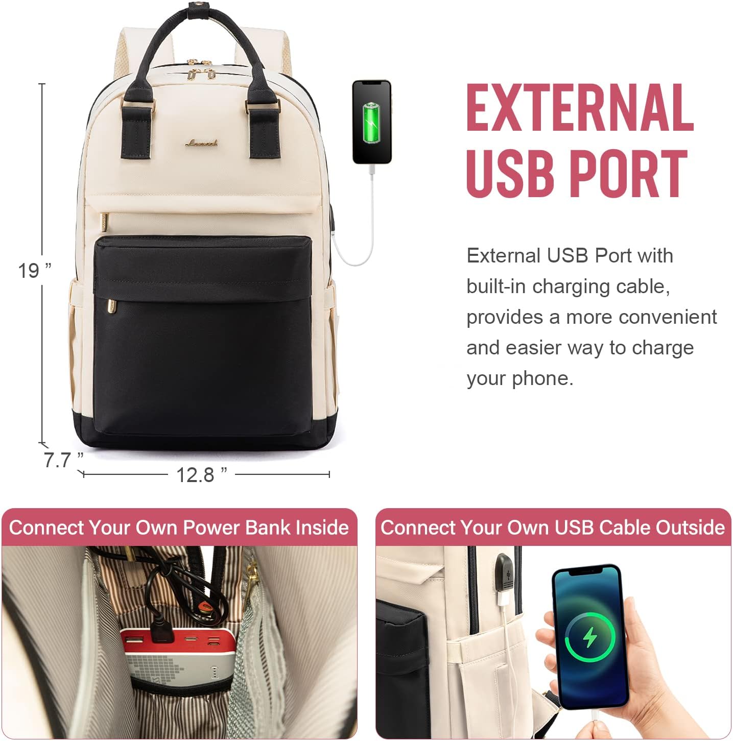Detalle 2 de LOVEVOOK Sac à Dos Femme 17 Pouces : élégant, imperméable et antivol avec USB - parfait pour étudiants et professionnels