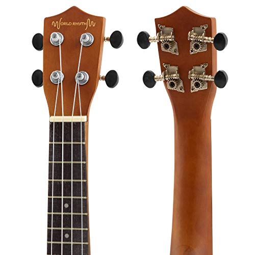 Detalle de World Rhythm Ukulele Soprano per Principianti, Finitura Naturale – Con Custodia, Corde di Ricambio e Pletro in Feltro (Marrone)