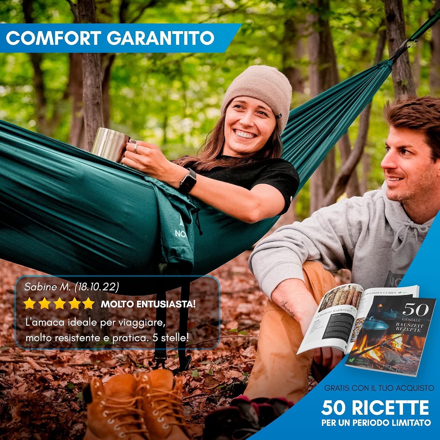 Thumbnail 6 de NORDMUT Amaca Ultralight Outdoor con Set di Fissaggi – Amaca da Campeggio 140 x 275 cm, Portata 300 kg, Blu