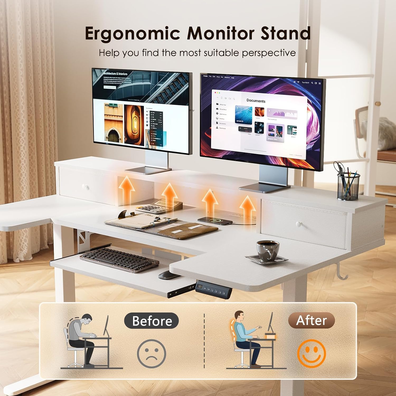 Thumbnail 6 de OffiGo 55-Inch U-Shaped Standing Desk with Drawers, Keyboard Tray, and Power