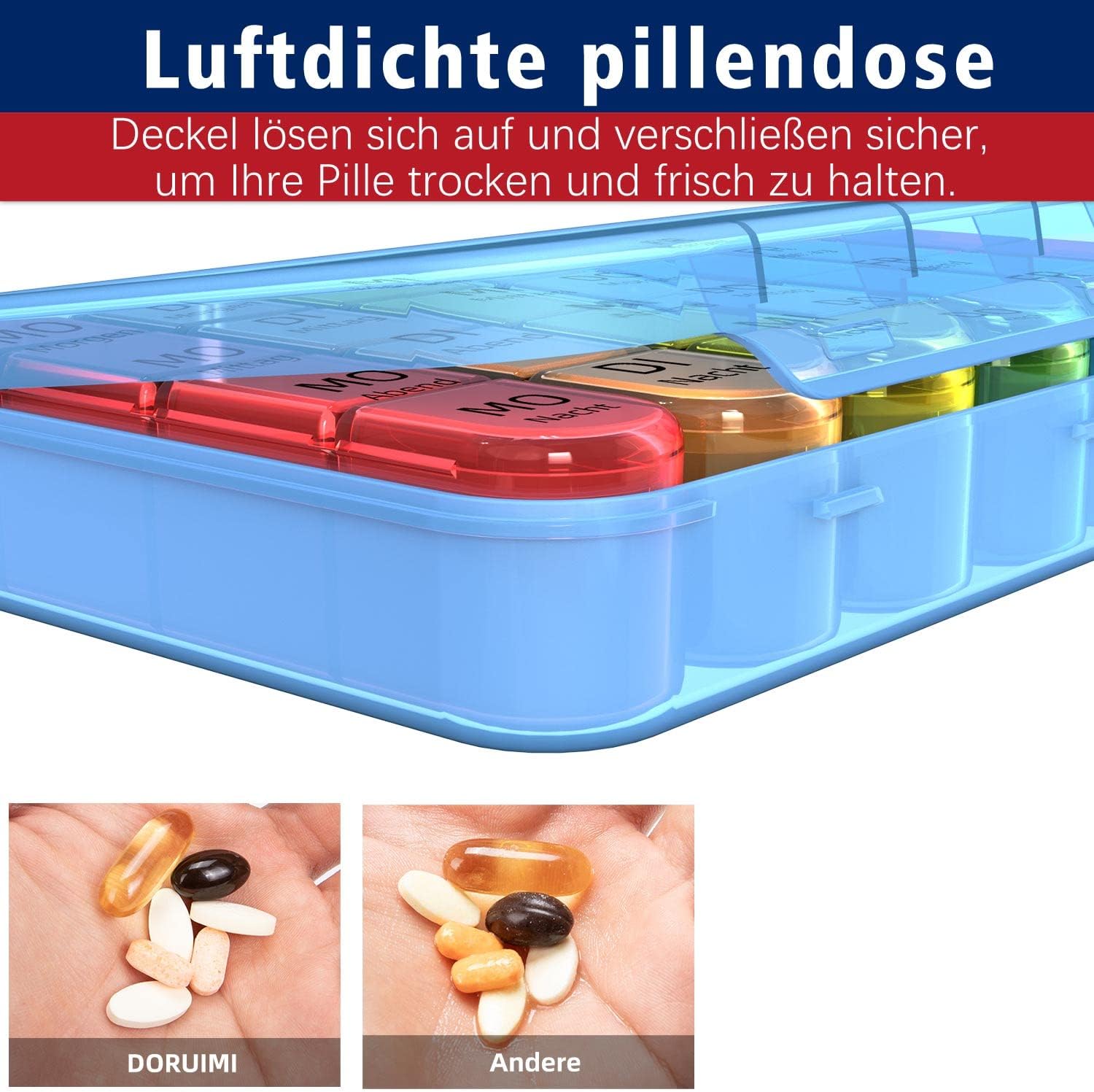 Thumbnail 3 de Doruimi 7-Tage-Tablettenbox mit 4 Fächern (morgens, mittags, abends) – blau