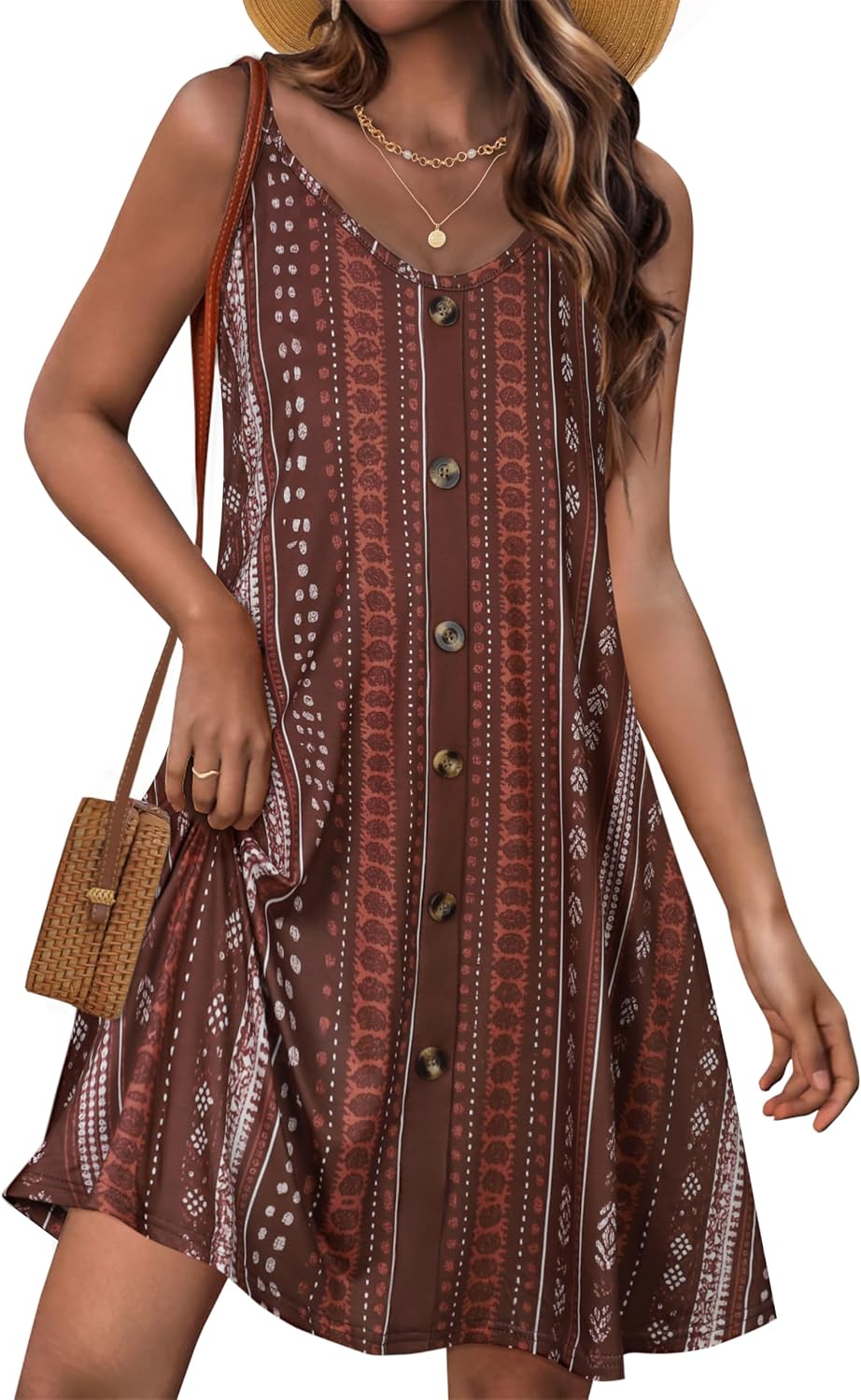 Detalle de ADOREJOY Women's Spaghetti-Strap Sundress with Buttons, Pockets and V-Neck