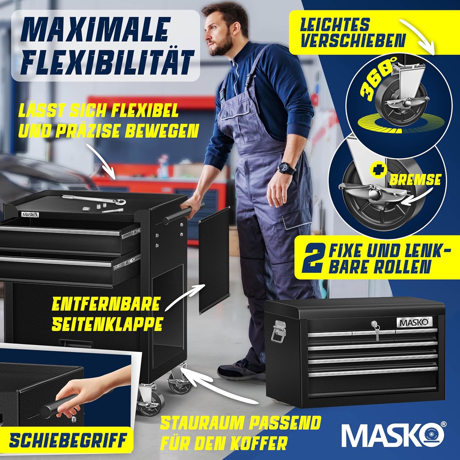 Thumbnail 5 de MASKO Werkstattwagen inkl. Koffer mit Schloss – 9 Fächer, abschließbar, Rollwagen zur Werkzeugaufbewahrung