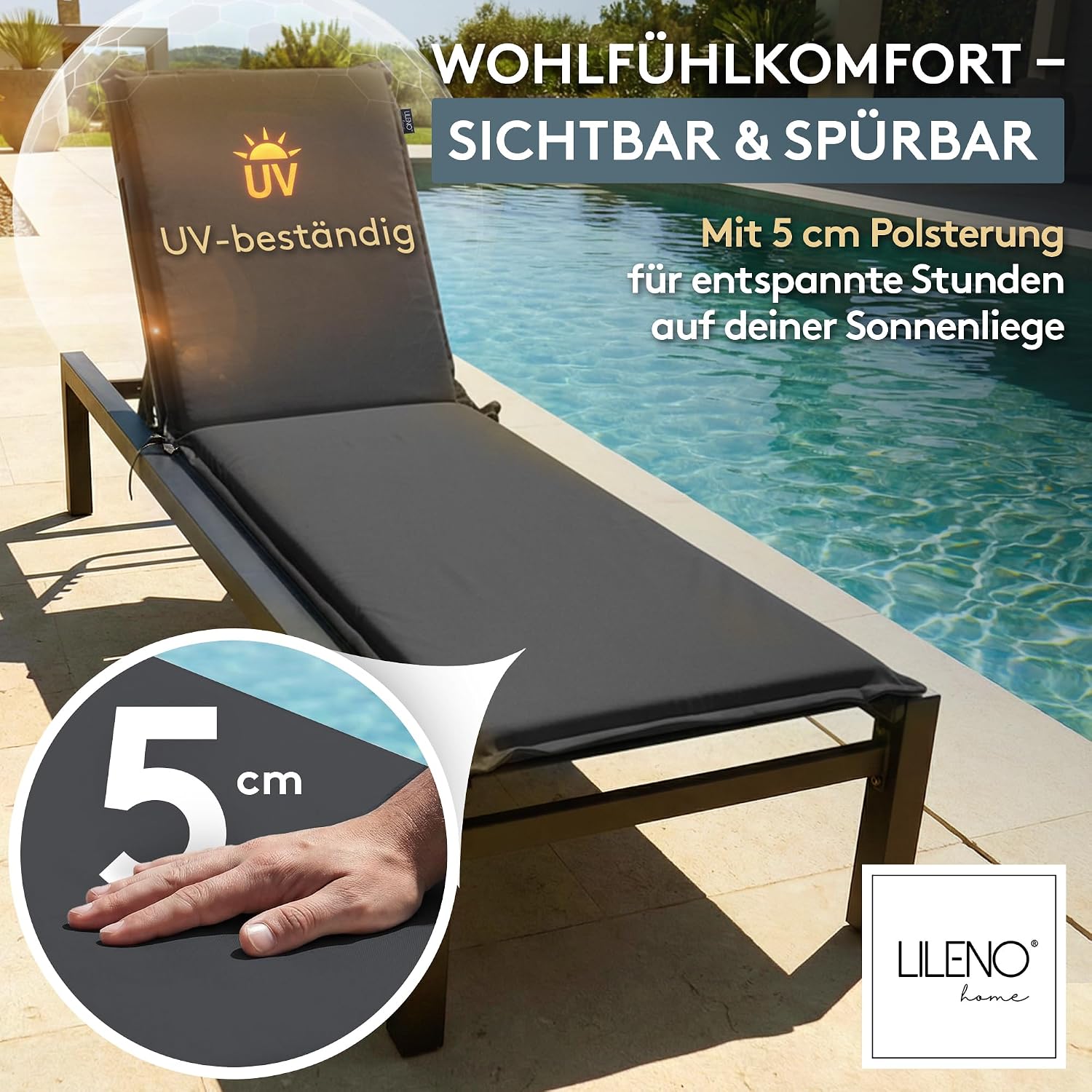 Detalle de LILENO HOME Sonnenliege Auflage MIA im 4er-Set (Rollliege) in Anthrazit – Gartenliegen Auflage, 188x60x5 cm