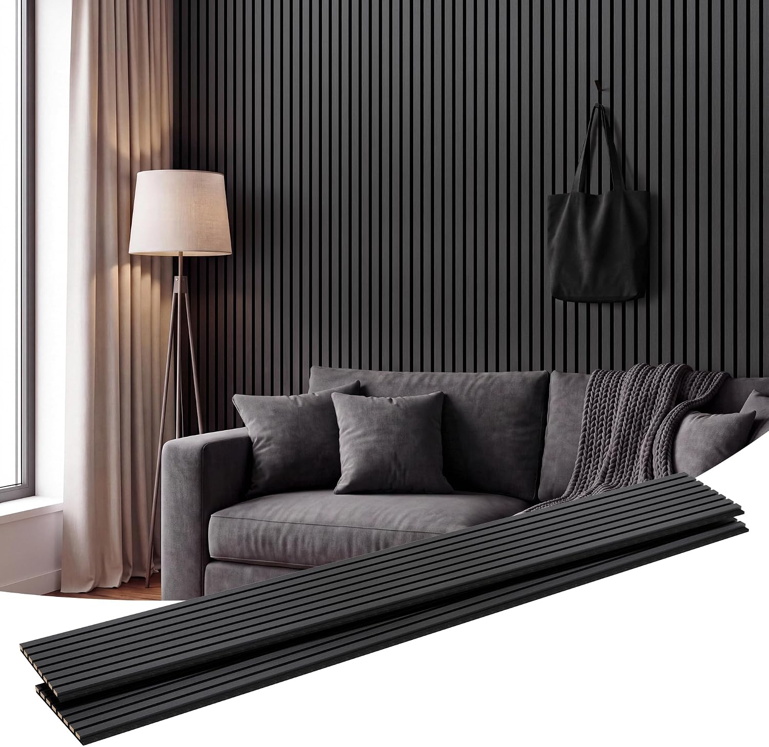 Detalle de Amsleekey 94.5 x 12.6-Inch Acoustic Wood Slat Wall Panels, Black, 2-Pack