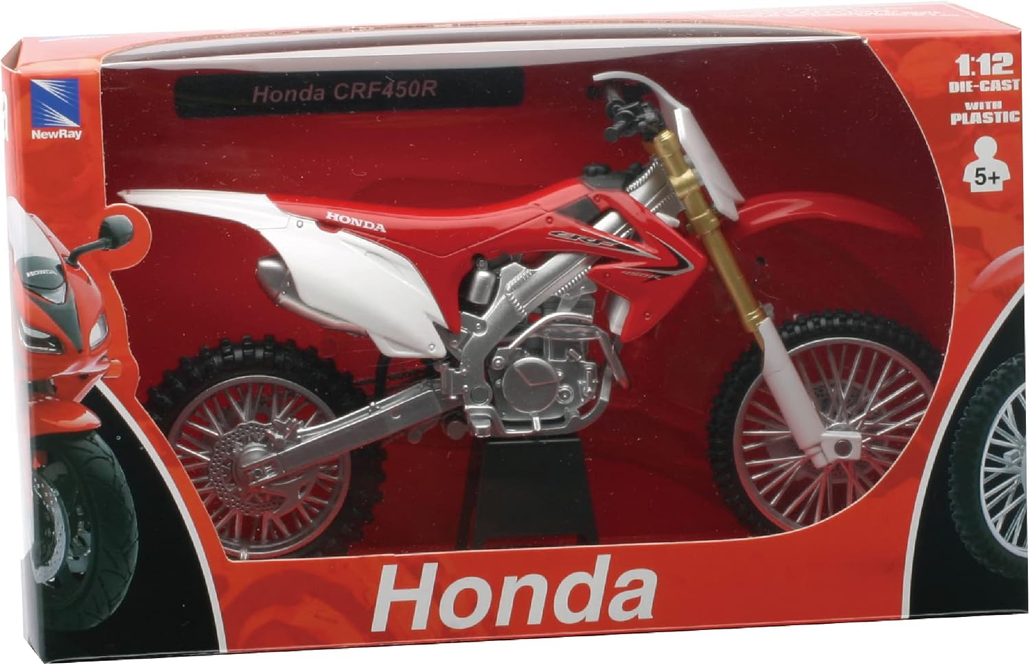 Detalle 2 de NewRay Honda 1:12 crossmotor-schaalmodel in rood met houder