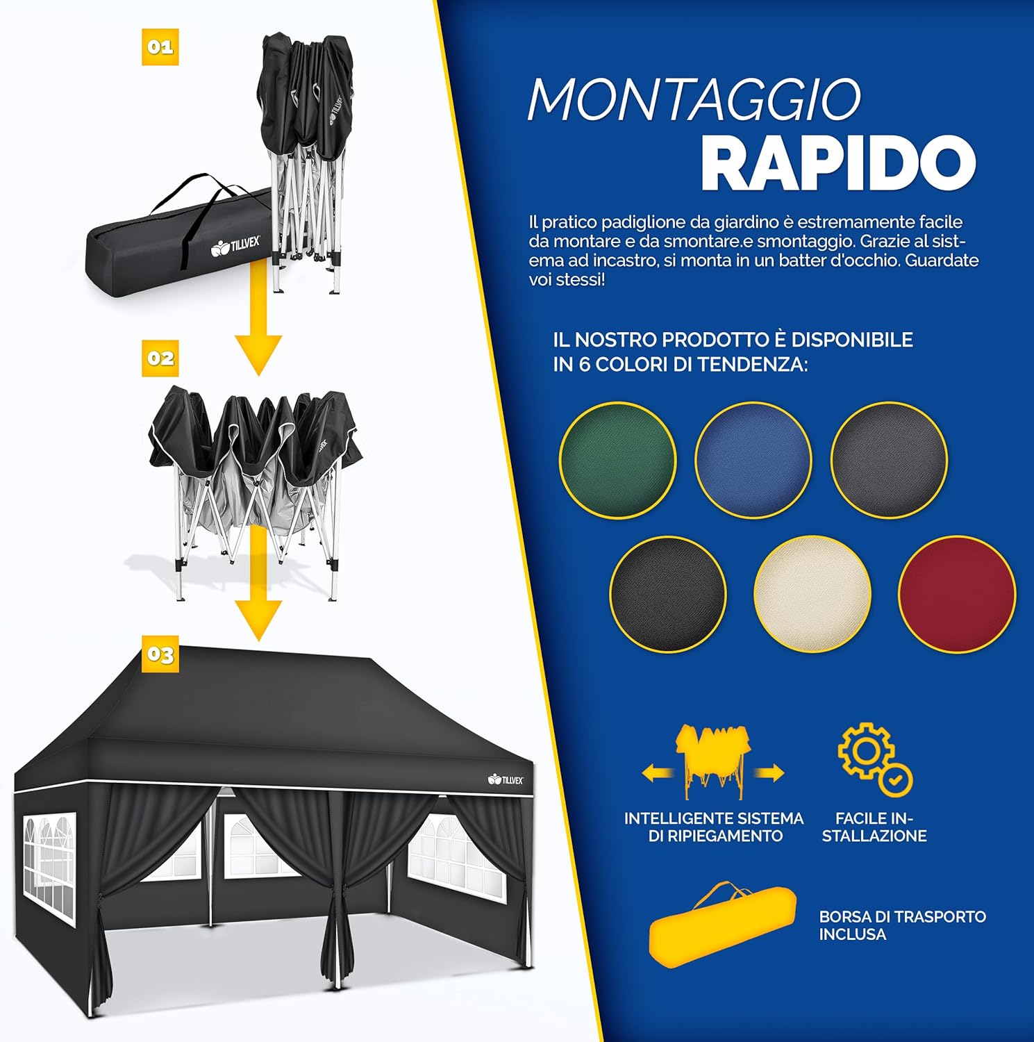 Thumbnail 3 de Gazebo Tillvex 3x6m da Giardino – pieghevole, regolabile e impermeabile
