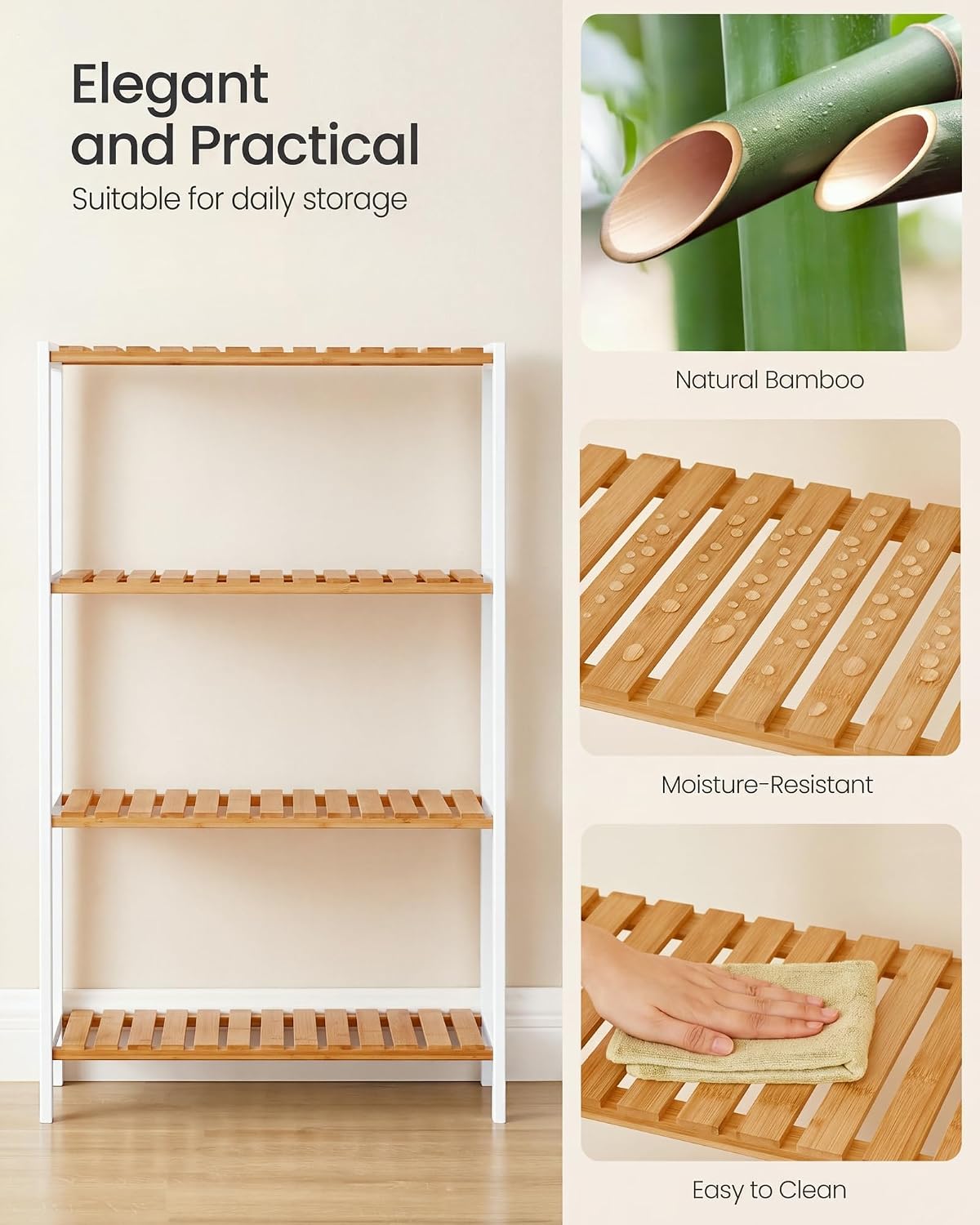 Detalle 1 de SONGMICS BCB034N01 4-Tier Bamboo Storage Shelf, 60 x 26 x 100 cm