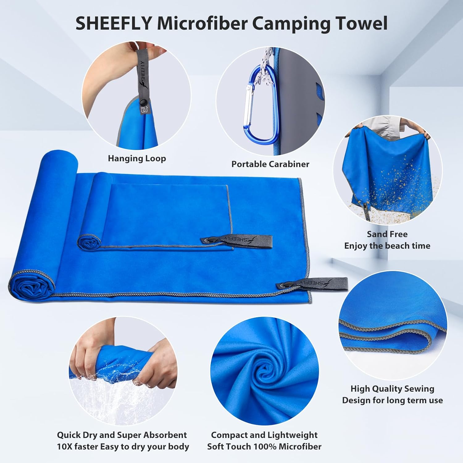 Detalle de SHEEFLY Microfibre Travel Quick Dry Towel – Ultra Compact & Lightweight (Dark Blue), L 152cm × 76cm + 30cm × 60cm