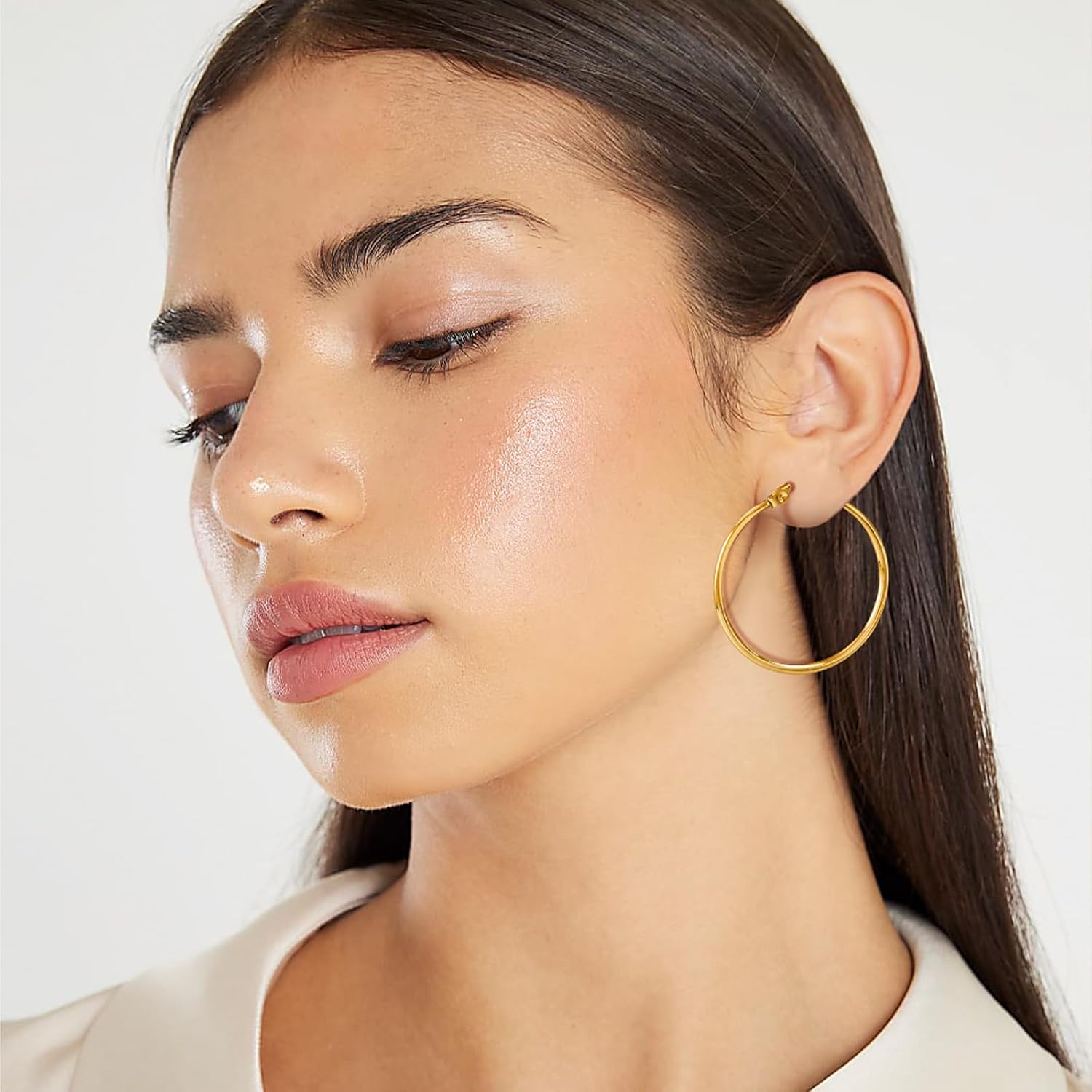 Detalle 2 de Sweetkiki 4 Pairs Gold Hoop Earrings for Women – Hypoallergenic 316L Stainless Steel, Large Hollow Hoops in 14/20/30/40mm