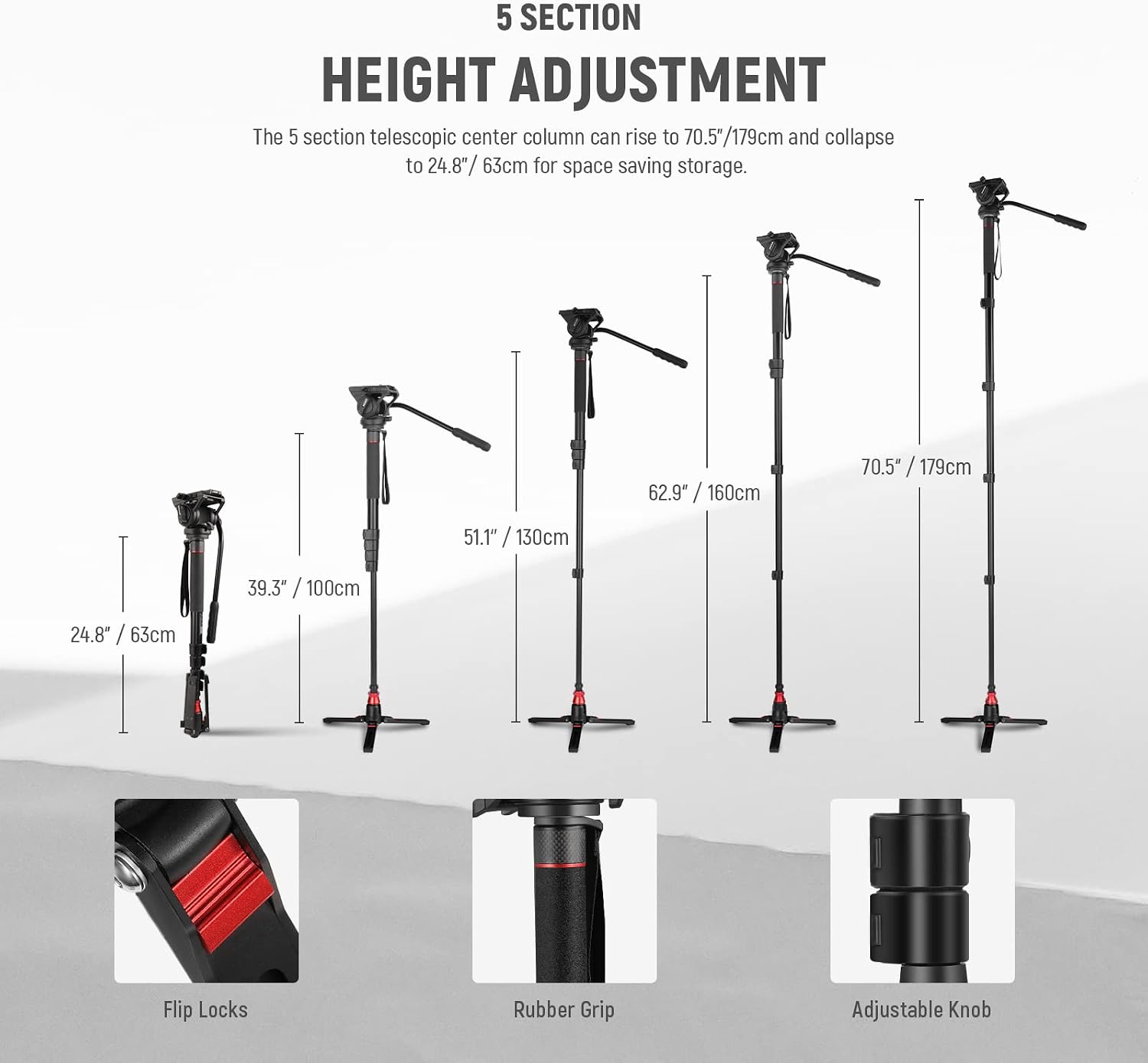 Detalle de NEEWER GM76 Professional Camera Monopod with Feet, Fluid Pan Tilt Head & Removable Tripod Base