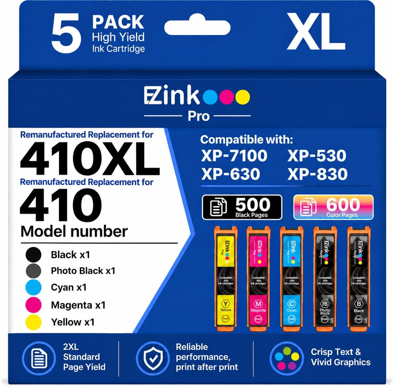 Detalle de E-Z Ink Pro 410XL Remanufactured Ink Cartridges, 5-Pack for Epson XP