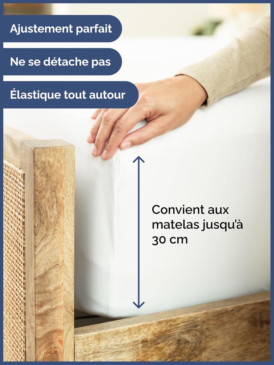 Thumbnail 3 de Drap-housse Grand Bonnet 90x190 cm – 100% coton doux 400 fils, OEKO-TEX, épais jusqu’à 30 cm, blanc