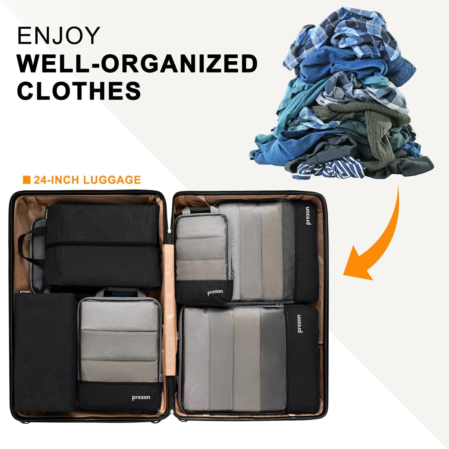 Thumbnail 6 de Prezon Lot de 6 cubes de rangement compressibles – Organisateurs extensibles pour valise, mesh TPU noir
