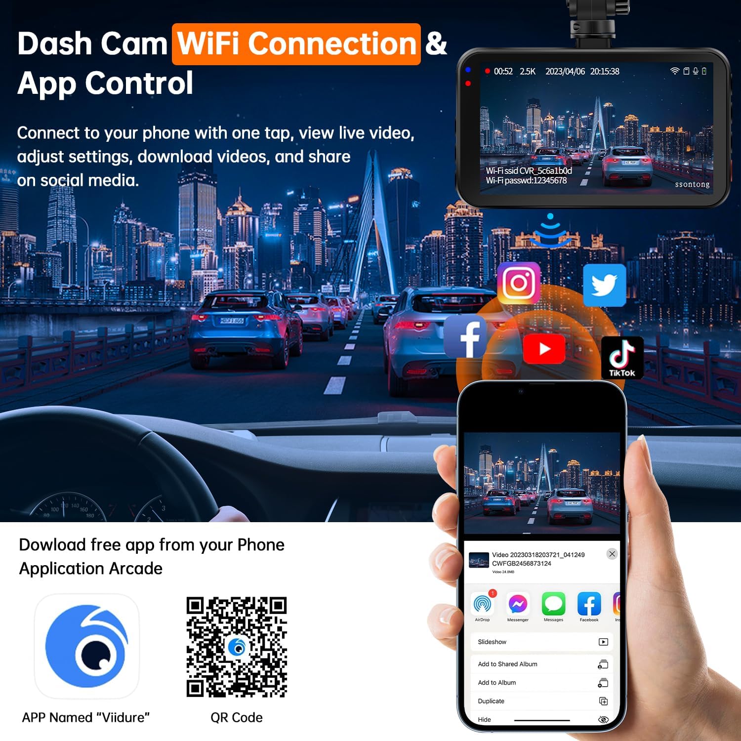 Detalle 2 de Dash Cam WiFi 2.5K QHD 1440P 128GB Dashcam