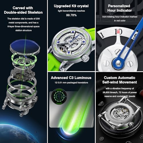 Detalle de FEICE Montre Analogique Automatique Squelette pour Homme - Ø44,5 mm, bracelet silicone bleu