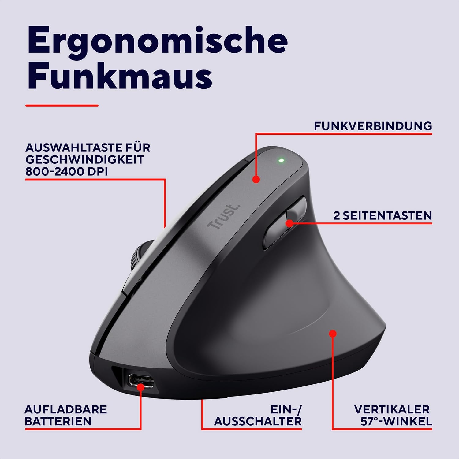 Detalle 2 de Trust Yuno vertikale Maus Ergonomisch 2,4 GHz