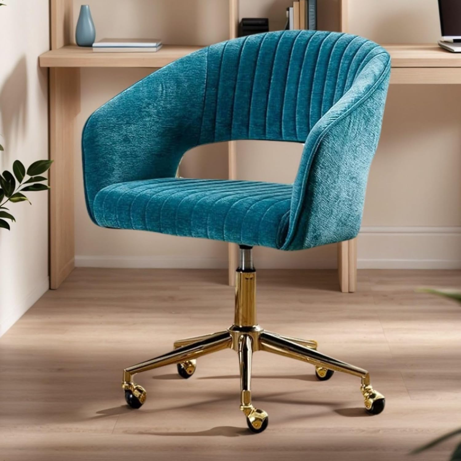 Detalle de chairus 001 bureaustoel in blauwgroene chenille met open rug en draaifunctie