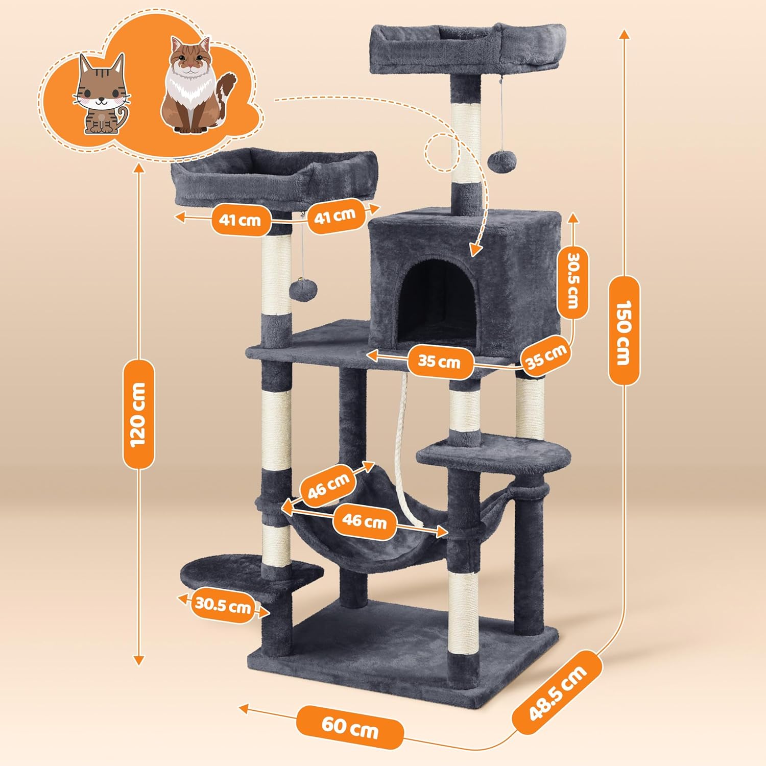 Thumbnail 2 de Yaheetech 150cm Large Cat Tree Tower with Condos, Hammock and Sisal Posts for Indoor Cats
