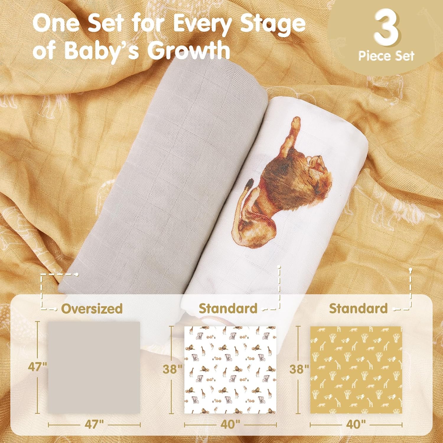 Thumbnail 2 de hahaland 100% Bamboo Muslin Swaddle Blankets 3 Pack (1 Large 120x120cm + 2 Standard 100x100cm) – Ultra Soft, Breathable Baby Cloths (Gold)