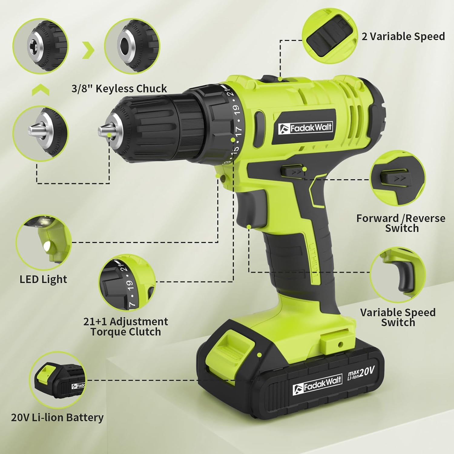 Detalle de FADAKWALT 20V Cordless Drill: 2 Batteries, 34-Piece Kit for Home Projects