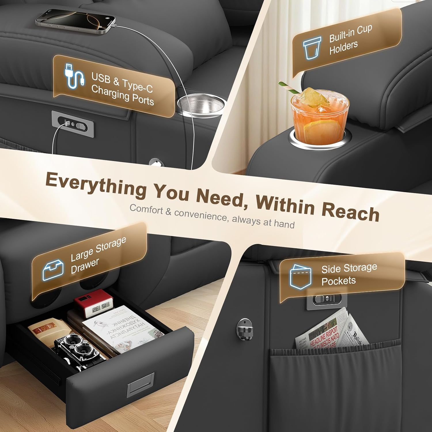 Thumbnail 6 de MOSGAT 166-MO-RC Power Reclining Loveseat with USB Ports and Cup Holders