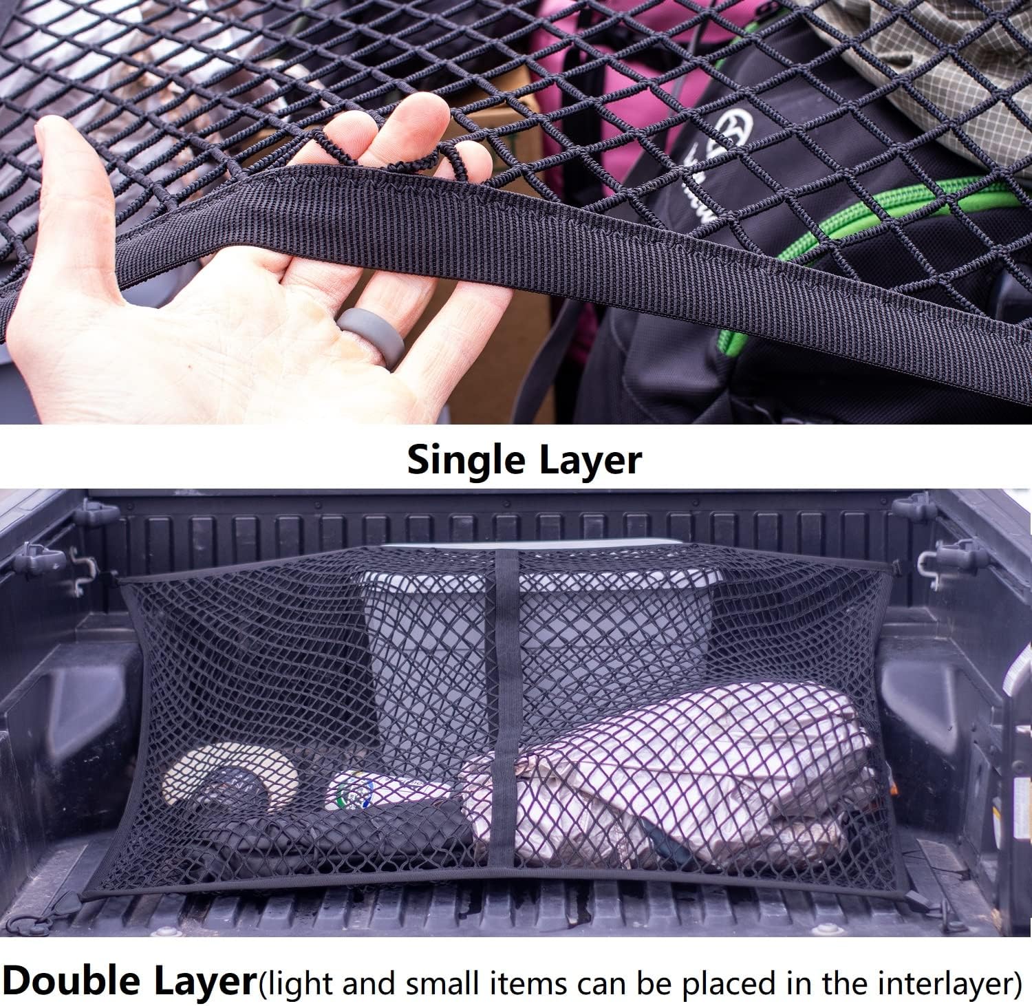 Detalle 2 de Highly Elastic Cargo Net (4' x 6') Stretches to 8' x 12' With Double-Layer Storage and 8 Metal Carabiners