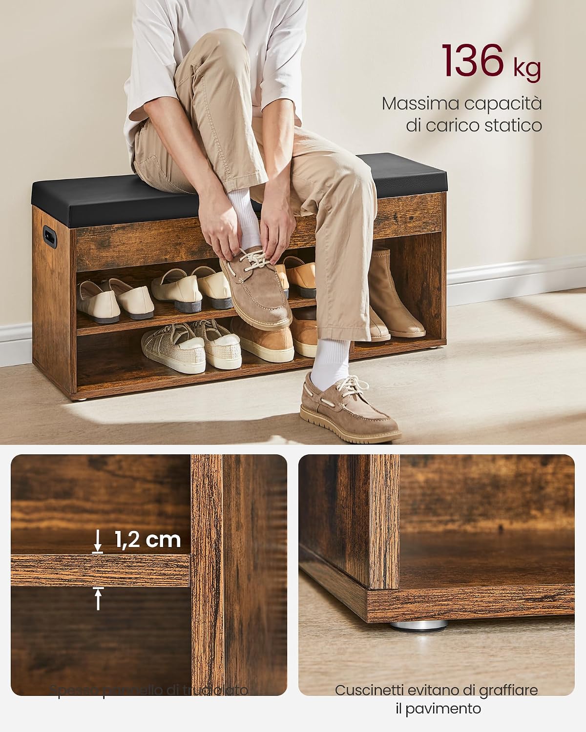 Thumbnail 3 de VASAGLE LHS130B01 scarpiera con panca e cuscino imbottito, 3 scomparti, stile marrone vintage