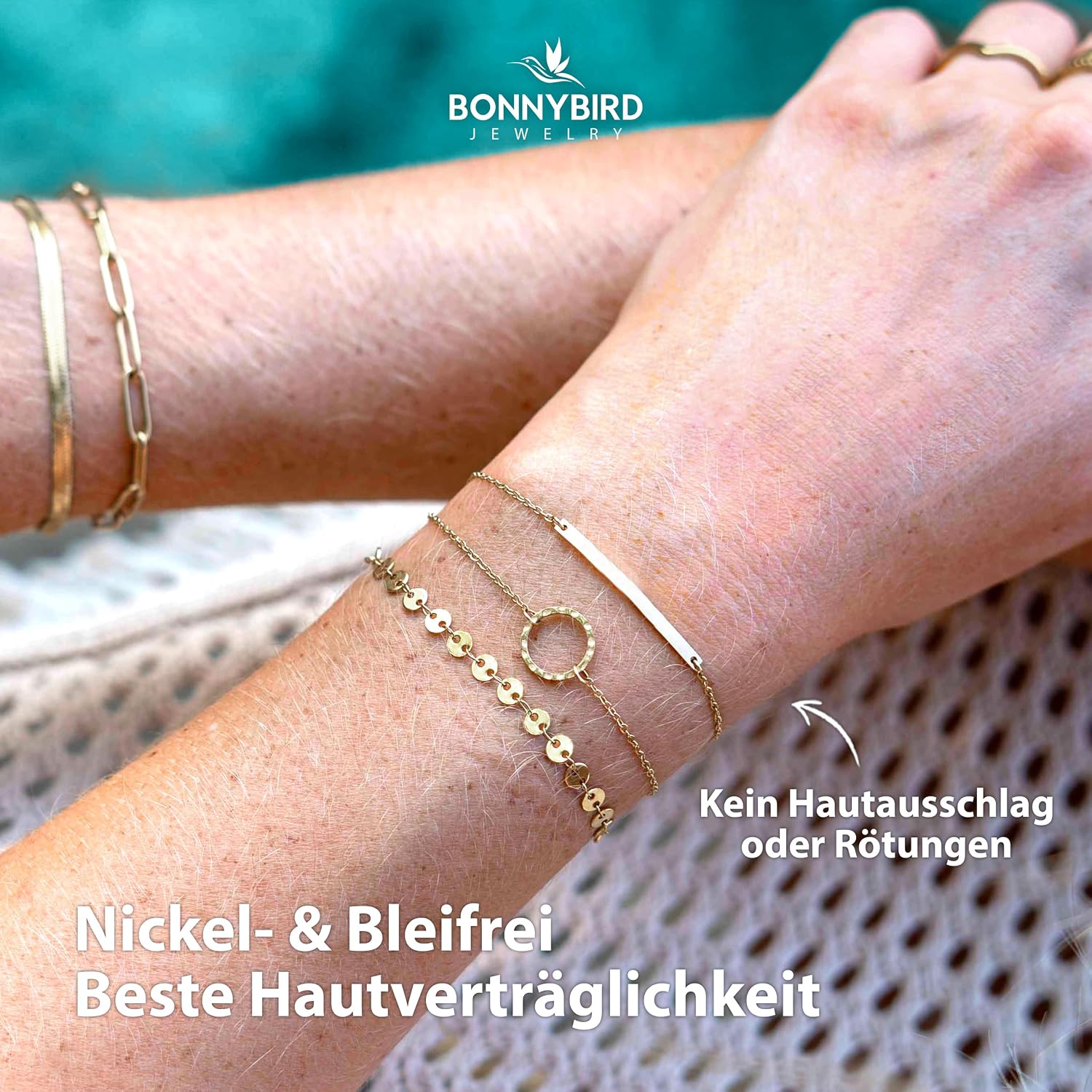 Detalle 2 de BONNYBIRD® BonnyMilano Set Armbänder aus Edelstahl (316L) in Silber, Gold & Roségold – 100% wasserfest, nickelfrei