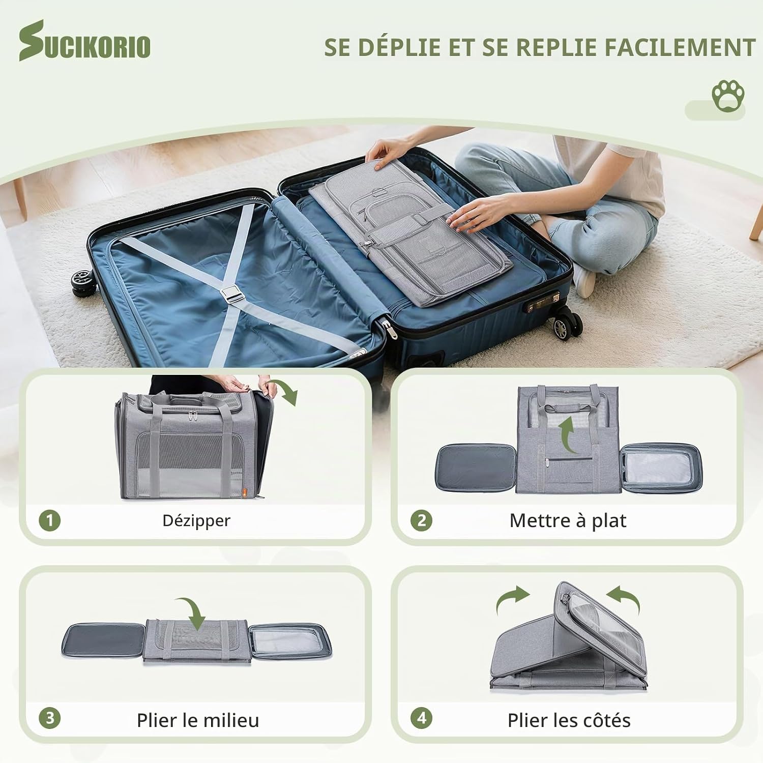 Detalle de SUCIKORIO B1031-Khaki transporttas voor katten en kleine honden, opvouwbaar, 55 x 40 x 23 cm