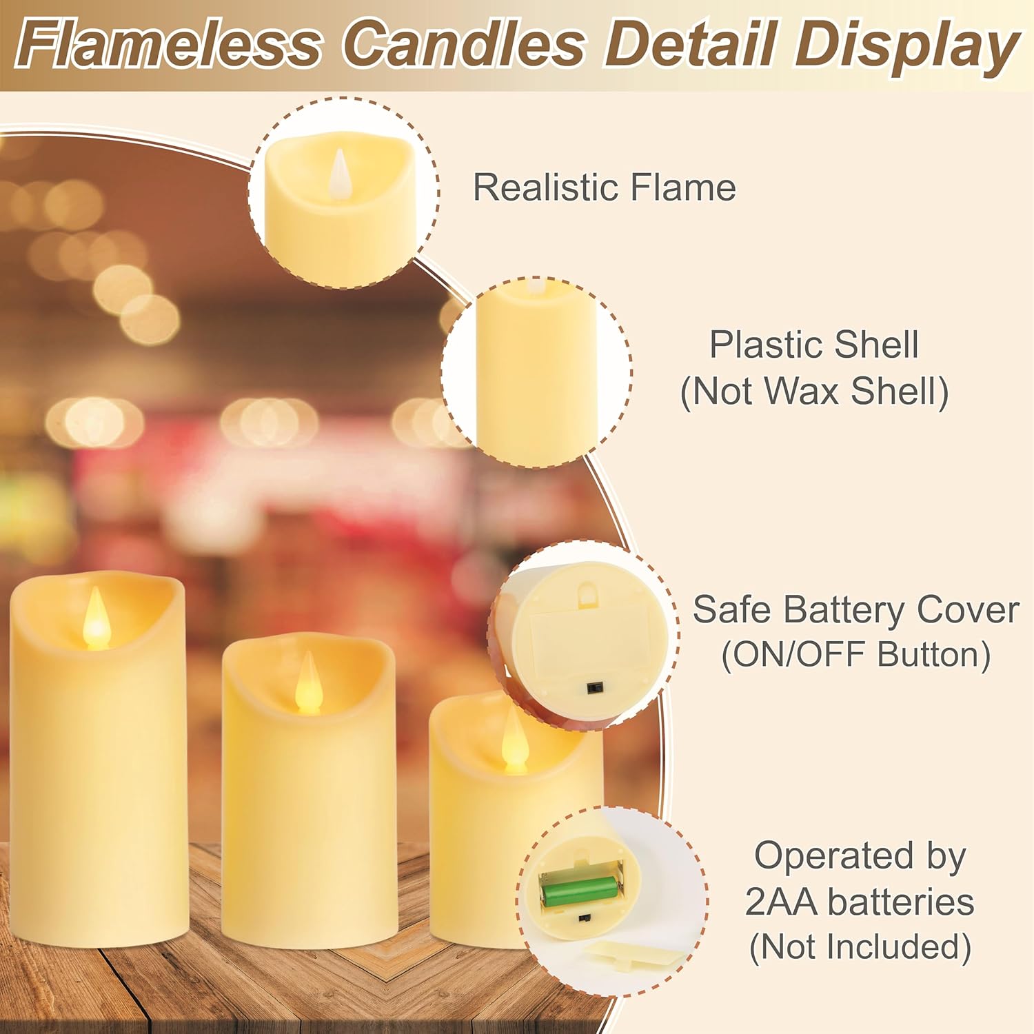 Thumbnail 2 de Auralome LED Electric Timer Candles (Set of 3) with Remote – Battery-operated plastic pillar candles with realistic flicker