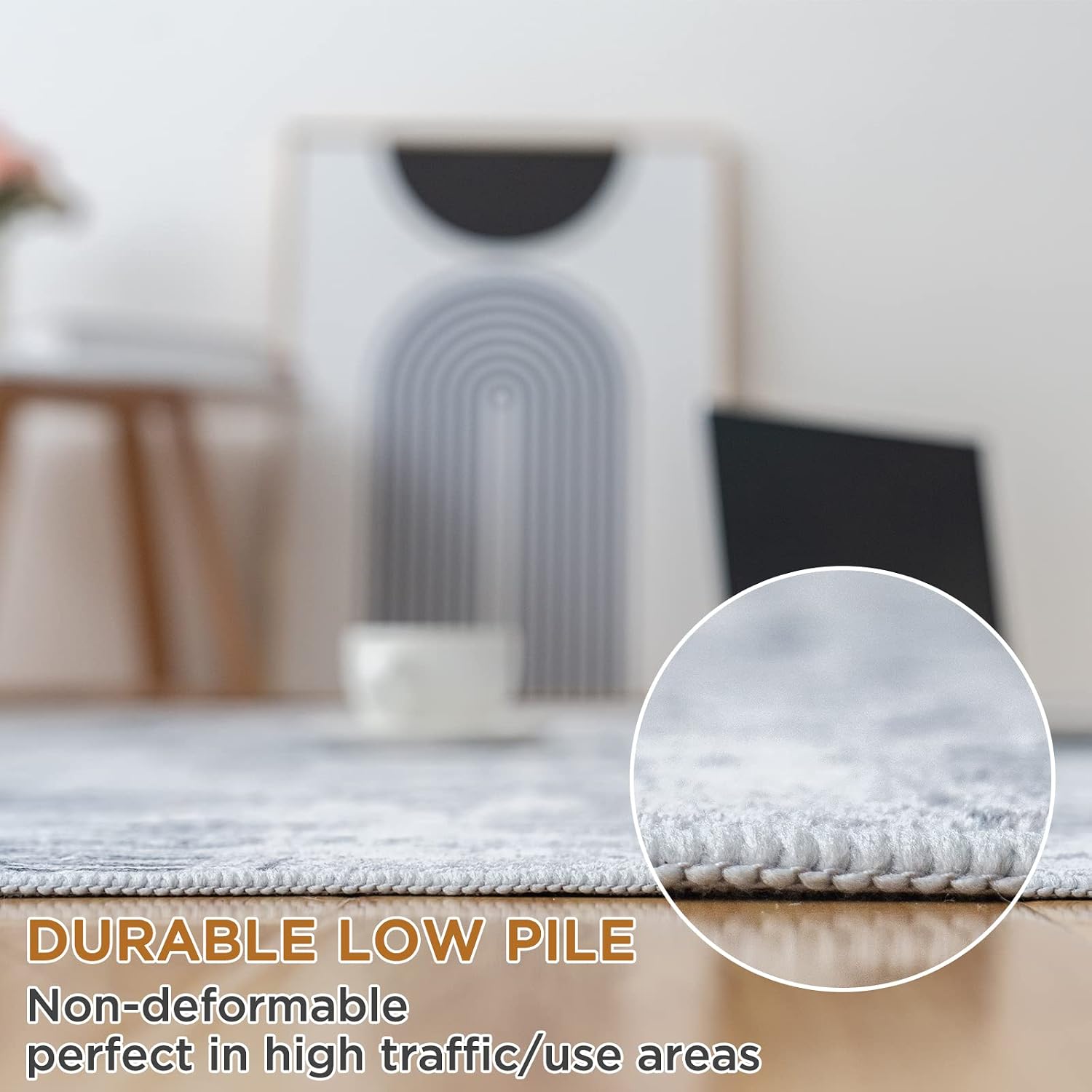 Detalle de Vamcheer Kurzflor Teppich fürs Wohnzimmer & Schlafzimmer, waschbar, Beige/Grau, 240x300 cm – Anti-Rutsch