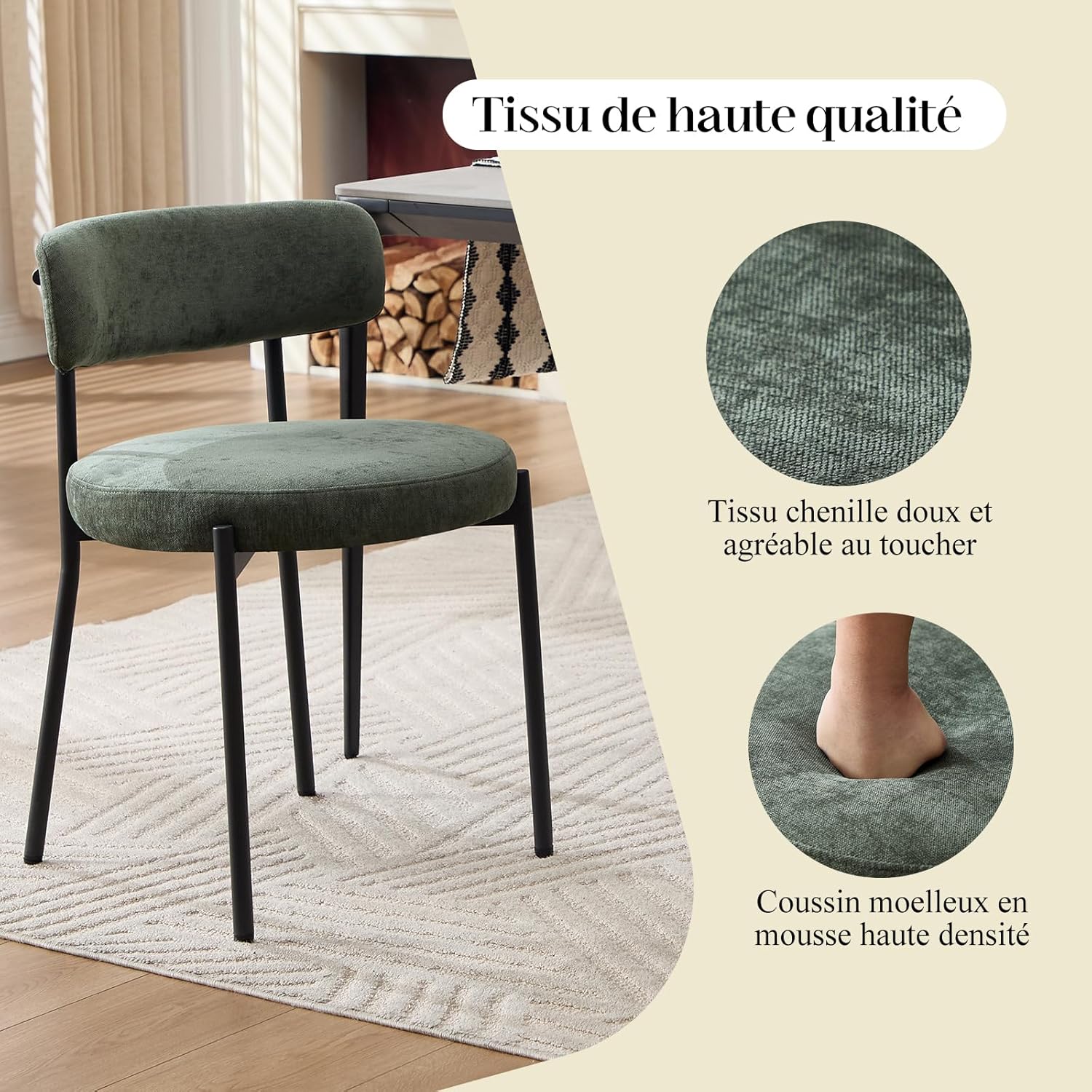 Detalle de Lot de 4 chaises de salle à manger Orirsnug en velours vert avec dossier incurvé et pieds métal noirs