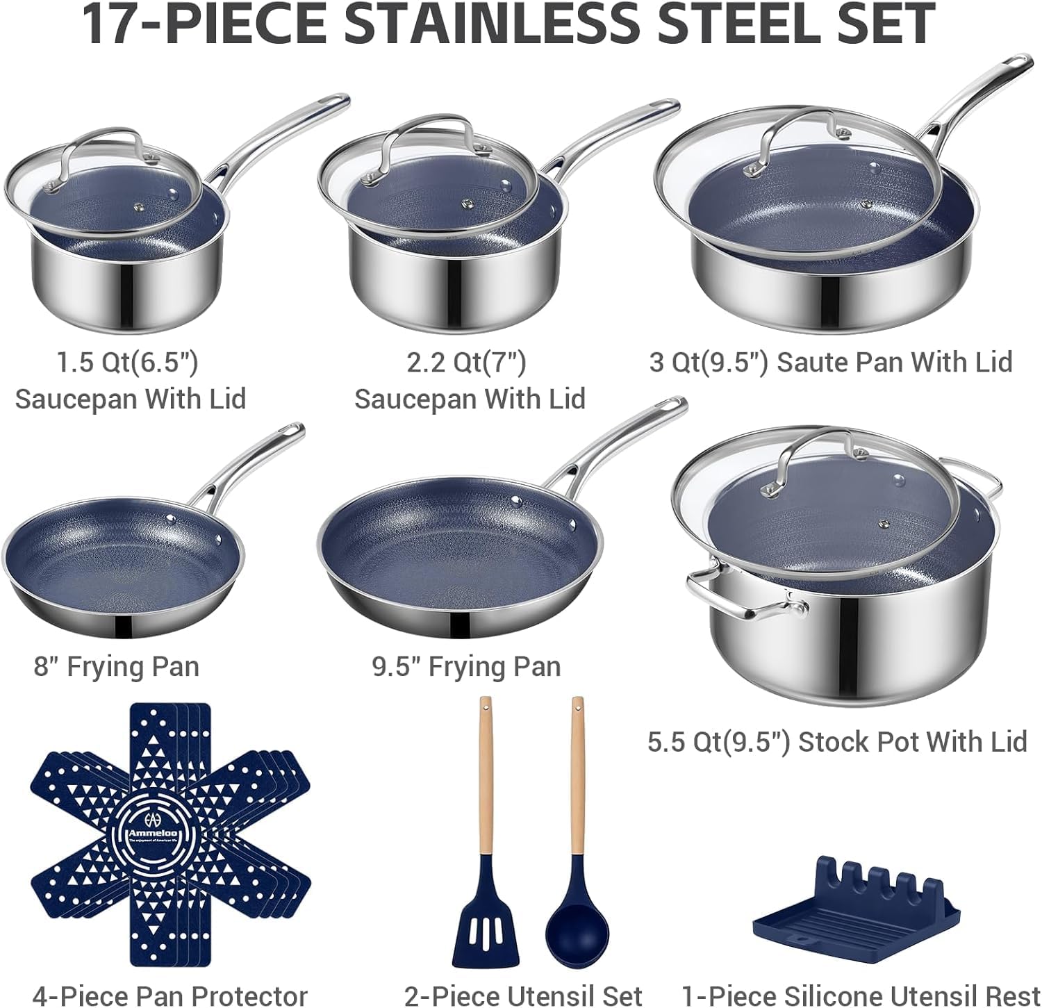 Detalle de Ammeloo Hybrid 17-Piece Tri-Ply Stainless Steel Cookware Set: Induction-Ready, Nonstick, and Dishwasher Safe