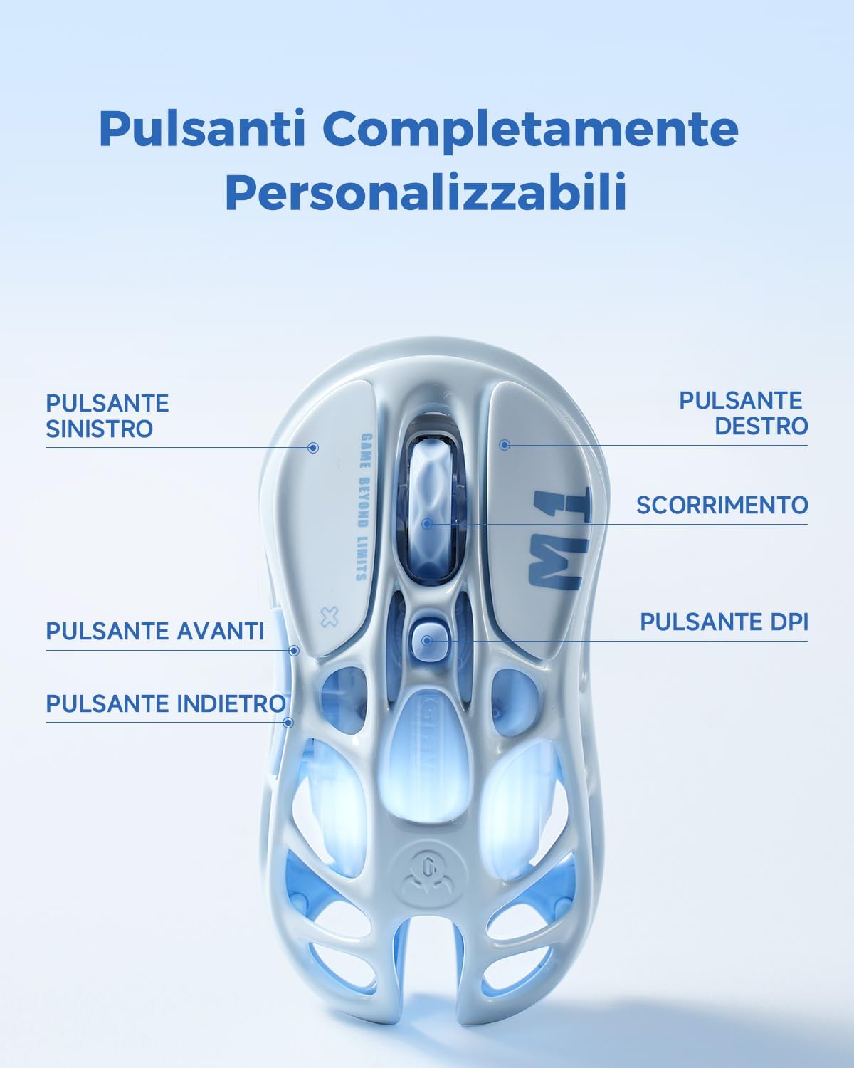 Detalle 1 de GravaStar Mercury M1 Pro mouse gaming ultraleggero 26.000 DPI, triplo collegamento 2.4G/BT/cavo