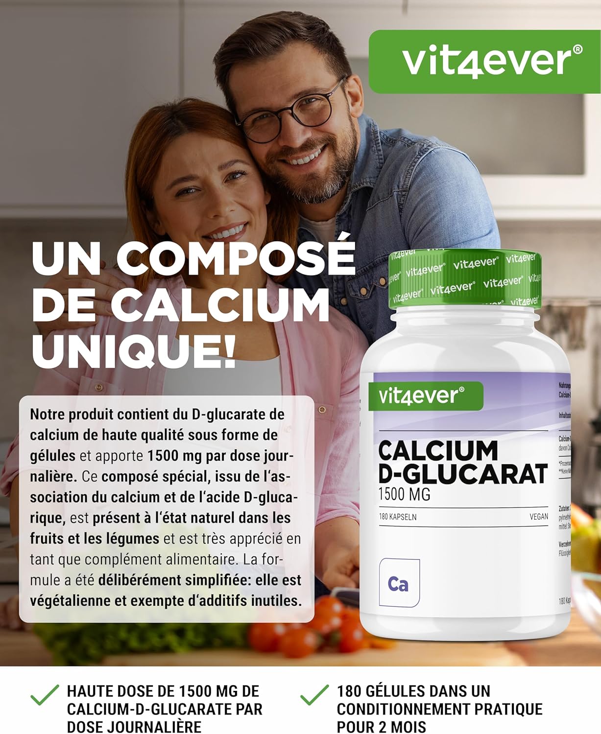 Detalle de Vit4ever Calcium-D-Glucarate 1500 mg — 180 gélules véganes, fort dosage pour une supplémentation quotidienne