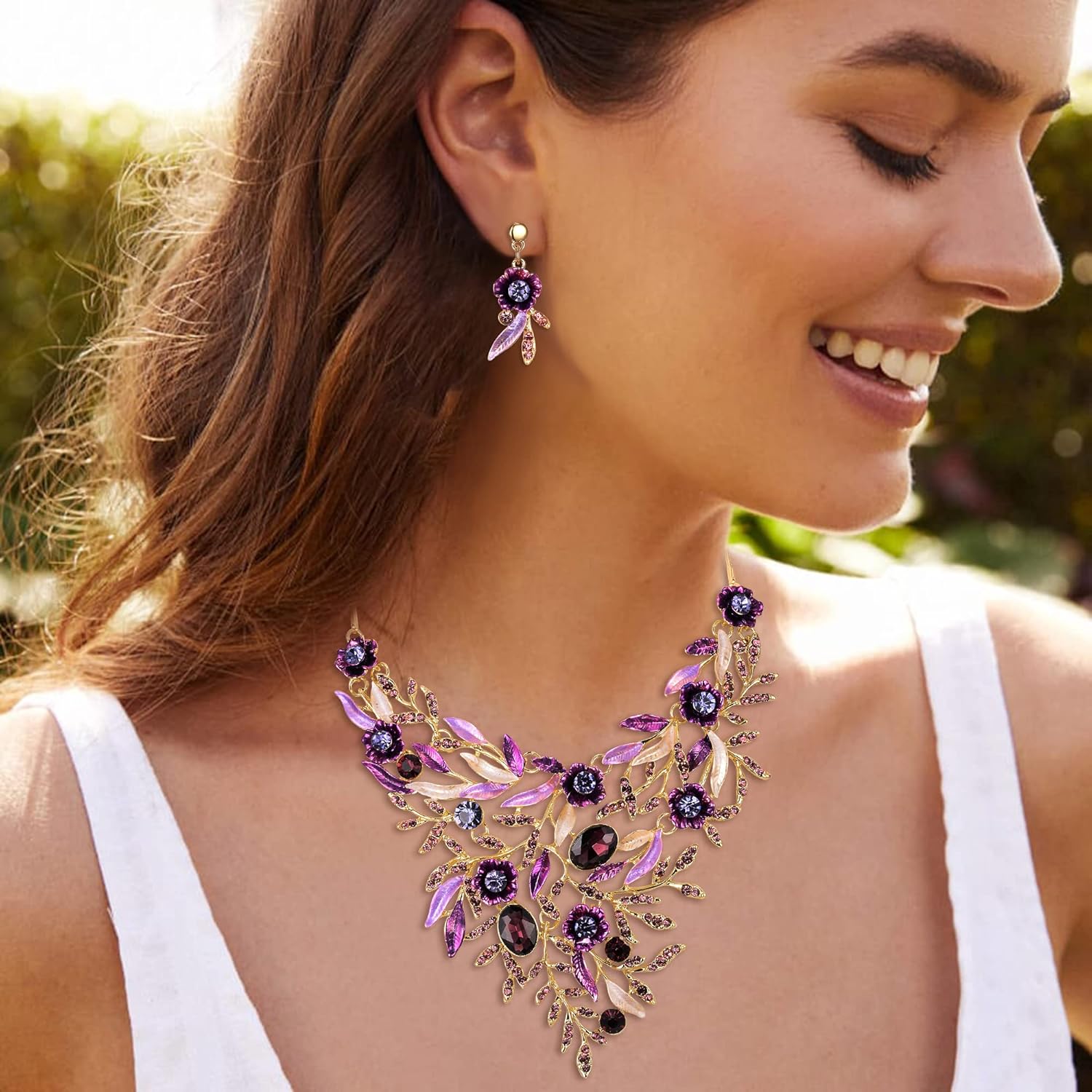 Thumbnail 1 de Parure de bijoux de mariage Clearine : collier et boucles d’oreilles en émail et cristal, fleurs et longues feuilles