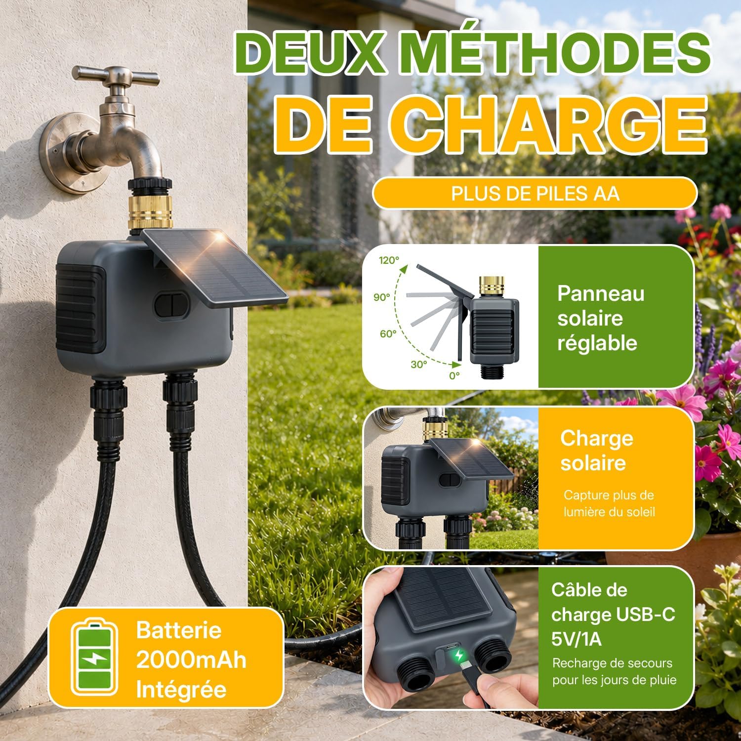 Detalle 2 de Mcbazel Programmateur d’Arrosage Automatique WiFi à 2 Sorties avec Panneau Solaire – IP55